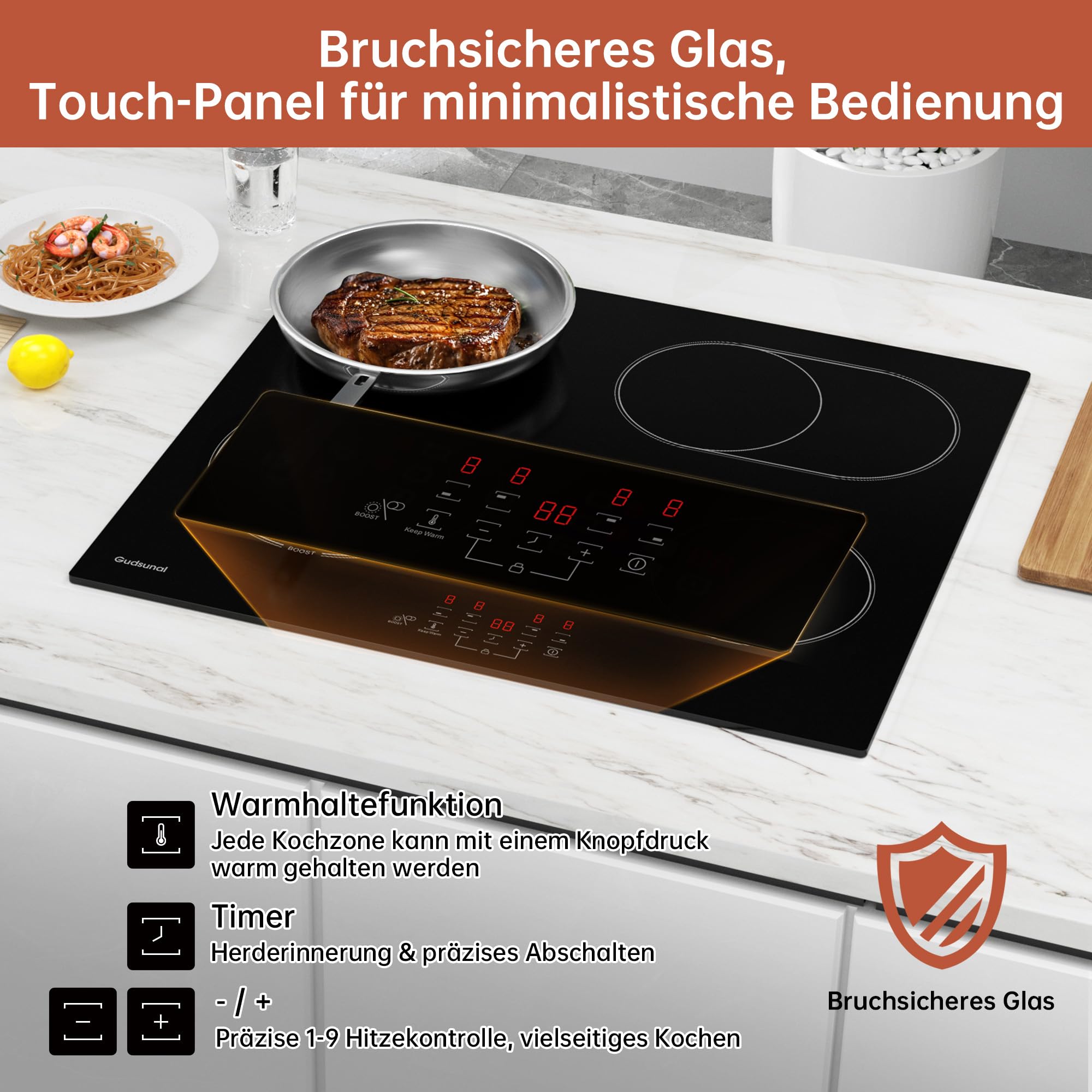 Kochfeld, Glaskeramikkochfeld 60 cm mit 4 Platten, 6,6 kW, Bräterzone, Dualkochzone, 9 Heizstufen, Timer, Automatische Abschaltung, Kindersicherung, Herdplatte 4 Kochfelder, Mattschwarz