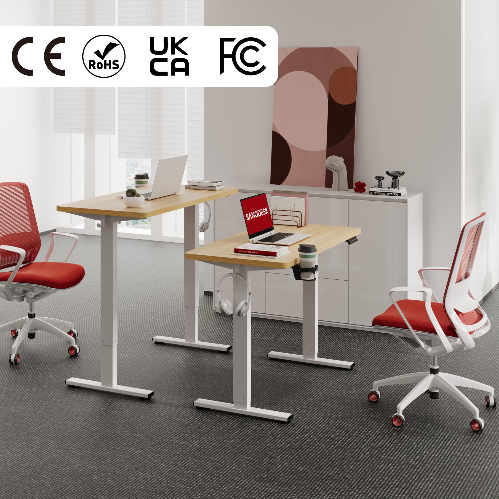 SANODESK Bureau Assis Debout Électrique Plateau Complet, Bureau Debout Réglable en Hauteur avec Système Anti-Collision,110x54cm,Fonction Mémoire 4 Hauteurs, Passe-câbles et Boîte de Rangement, Érable