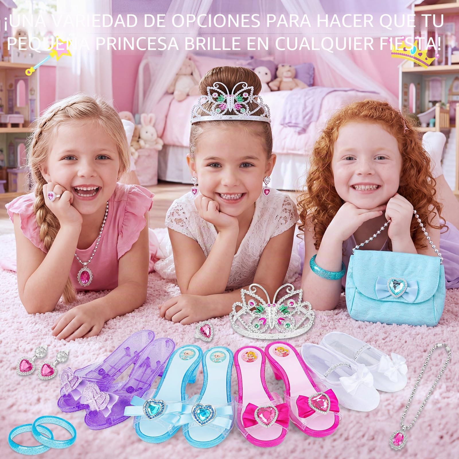 deAO Zapatos de Vestir de Princesa, Juguetes de Princesa con 4 Pares de Zapatos de Juego, 1 Bolso y Accesorios de joyería para niñas de 3, 4, 5, 6 años, Pulseras, Collares, aretes y Tiara de Corona,