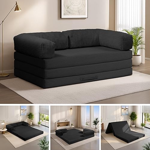 5-in-1 Convertible Folding Sofa Bed,Queen Tri-Fold Mattress with Removable L-Shaped Armrests,Corduroy Boneless Couch Floor Sofa Futon Couch Sleeper with Pull Out Bed for Living Room Bedroom Apartment