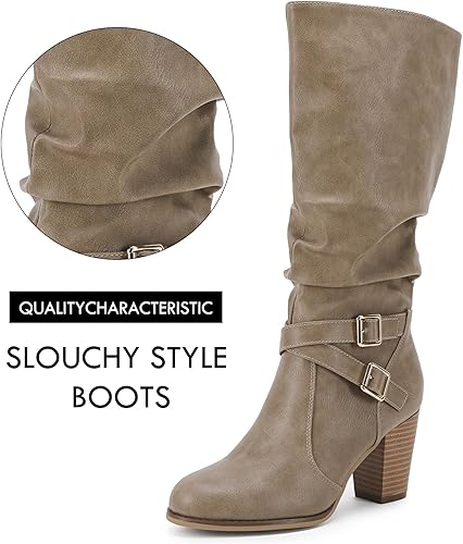 Miniatura 2 de Ermonn Botas para mujer hasta media rodilla con tacón grueso, estilo holgado, hebilla de metal, cremallera lateral, zapatos de moda para invierno