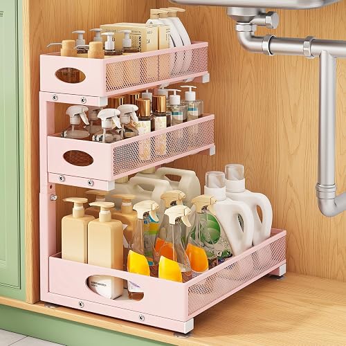 Kitstorack Under Sink Organizer 3-Tier Slide Out Drawer 1-Pack Pink