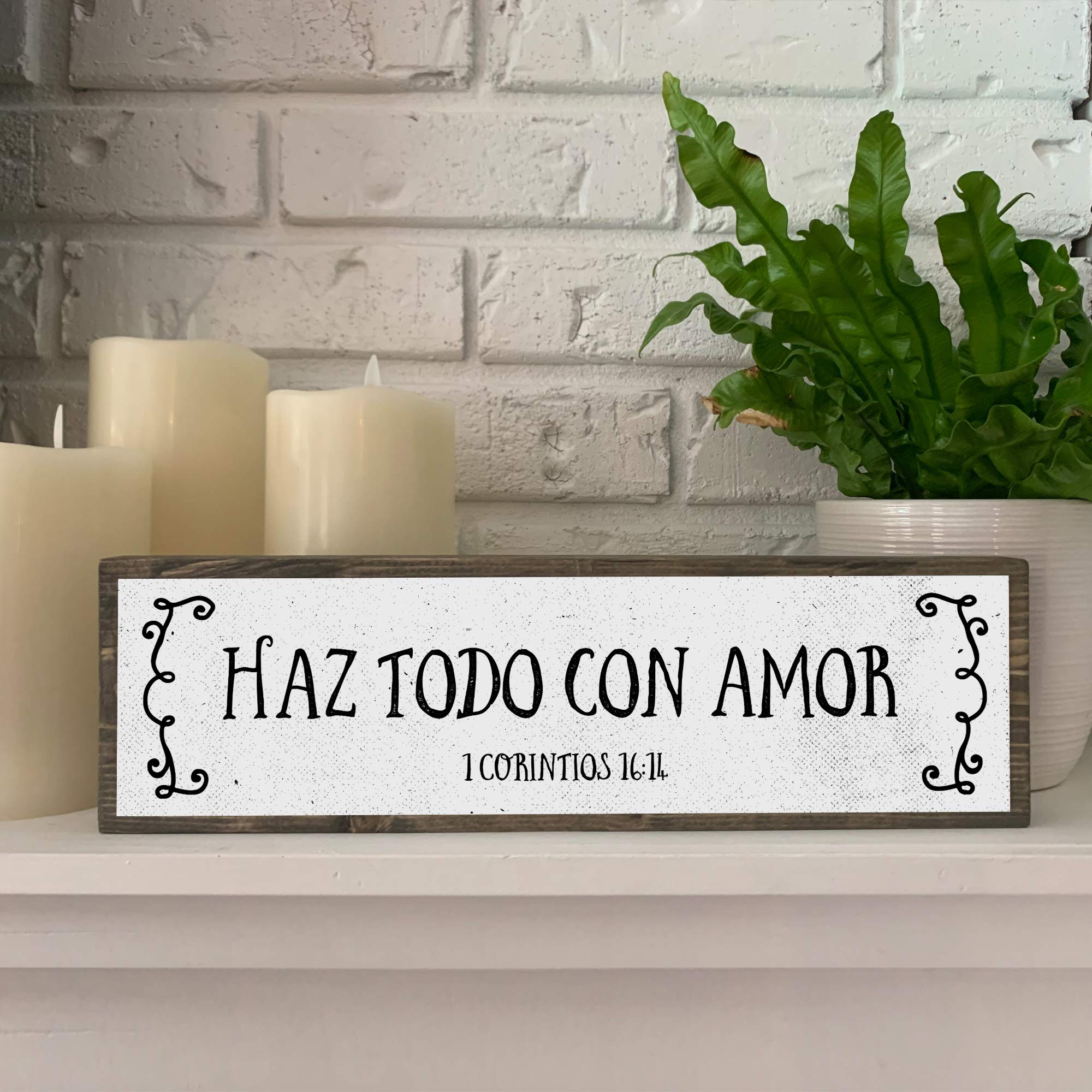 ANVEVO Haz Todo Con Amor – Verso de la Biblia Española – mensajes cristianos para decorar – Cartel de metal y madera