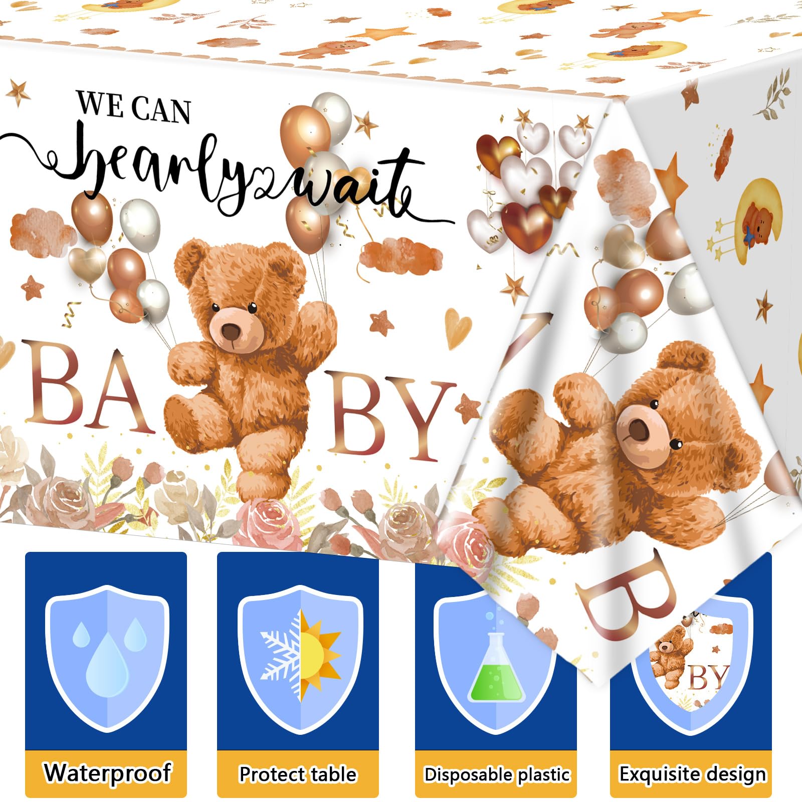 Teddy Bear Baby Shower Tablecloths - 3 Pack Green Leaf Theme Plastic Table Covers 54x108 Inch