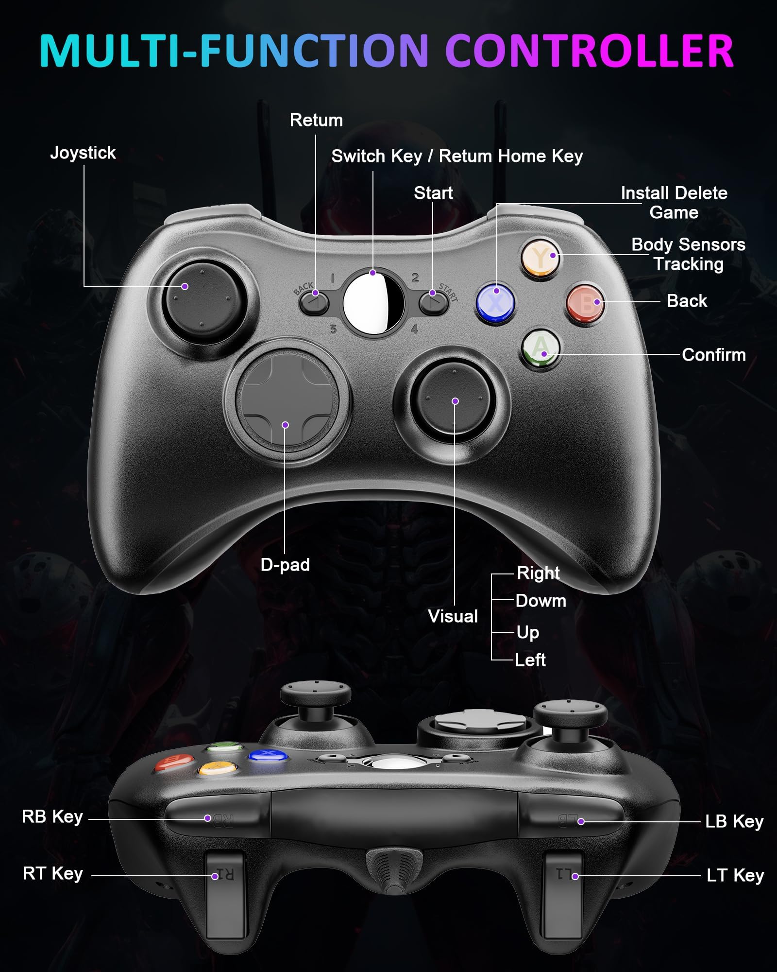 Suoxiom Wired Controller for Xbox 360 PC, USB Gaming Gamepad with Ergonomic Design, Plug & Play Dual Vibration Controller Compatible with Xbox 360 & Windows 10/8/7/XP — view 7