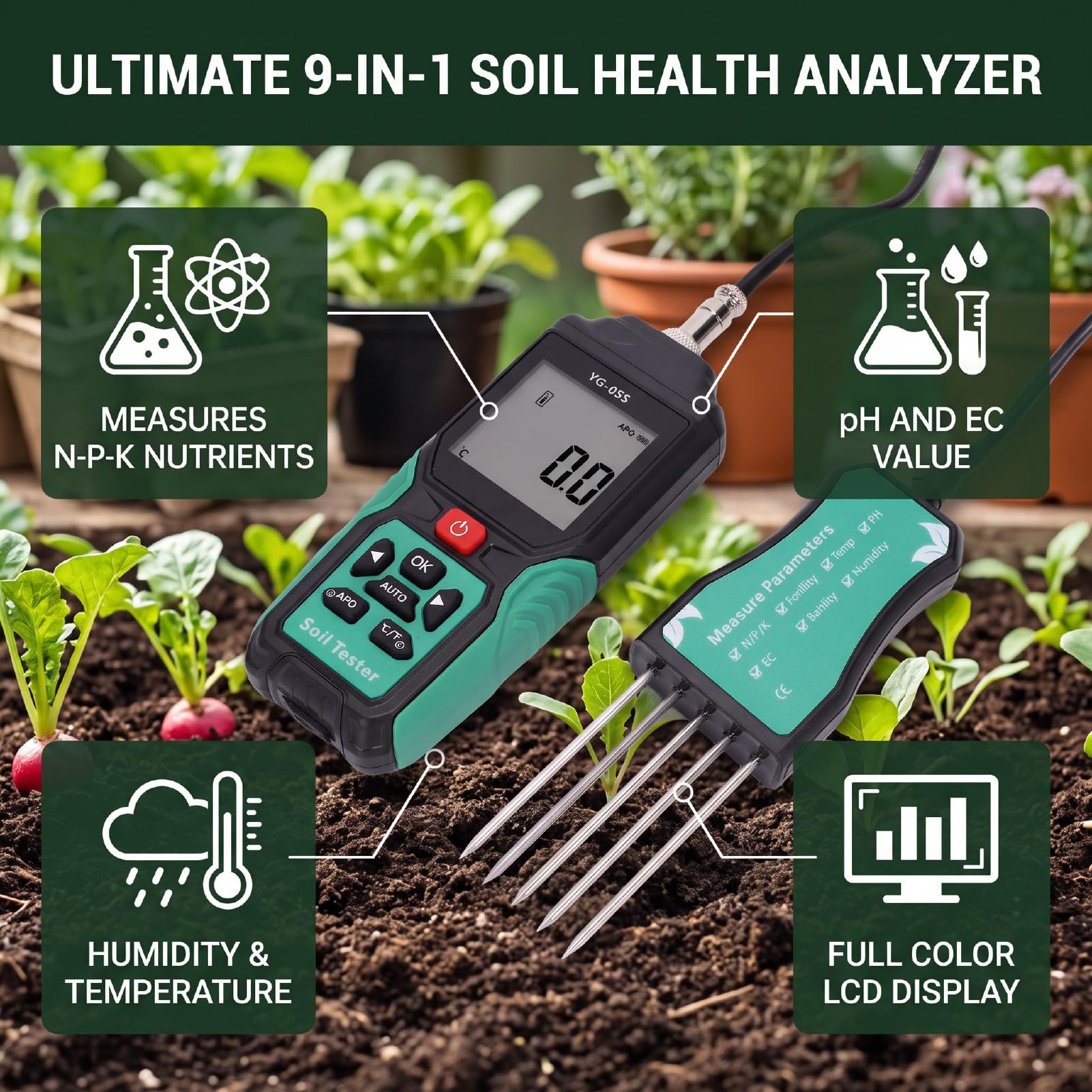 Medidor de Suelo 9 en 1, Analizador NPK PH EC Salinidad con | Carcasa ABS, Uso en Jardín y Granja, Sonda Doble, Batería Recargable 500mAh