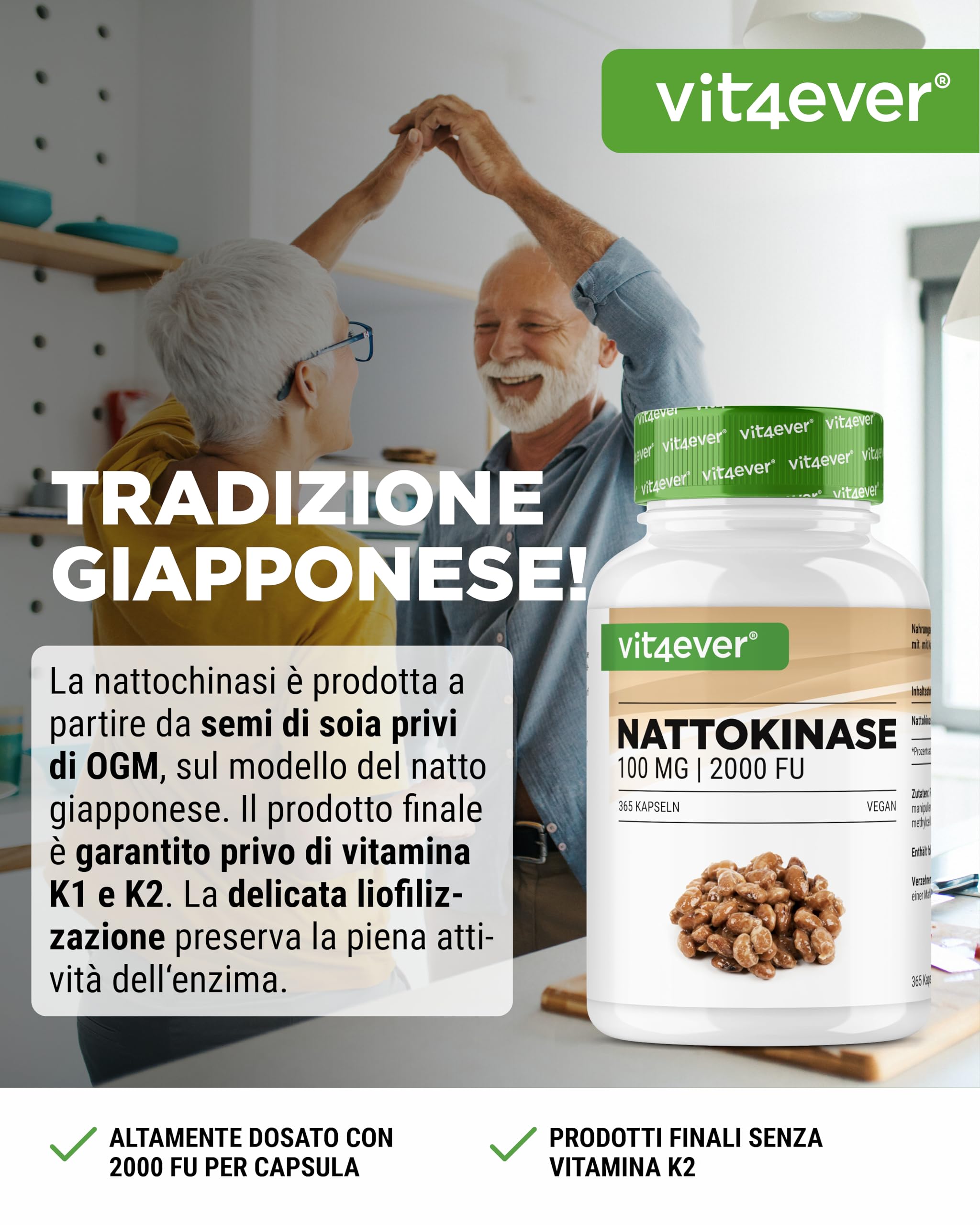 vit4ever Nattokinase - 365 Capsule da 100 mg Nattokinasi (20.000 FU/g) - Scorta per 12 Mesi - Alto Dosaggio - Vegano - Senza OGM - Senza Additivi Inutili