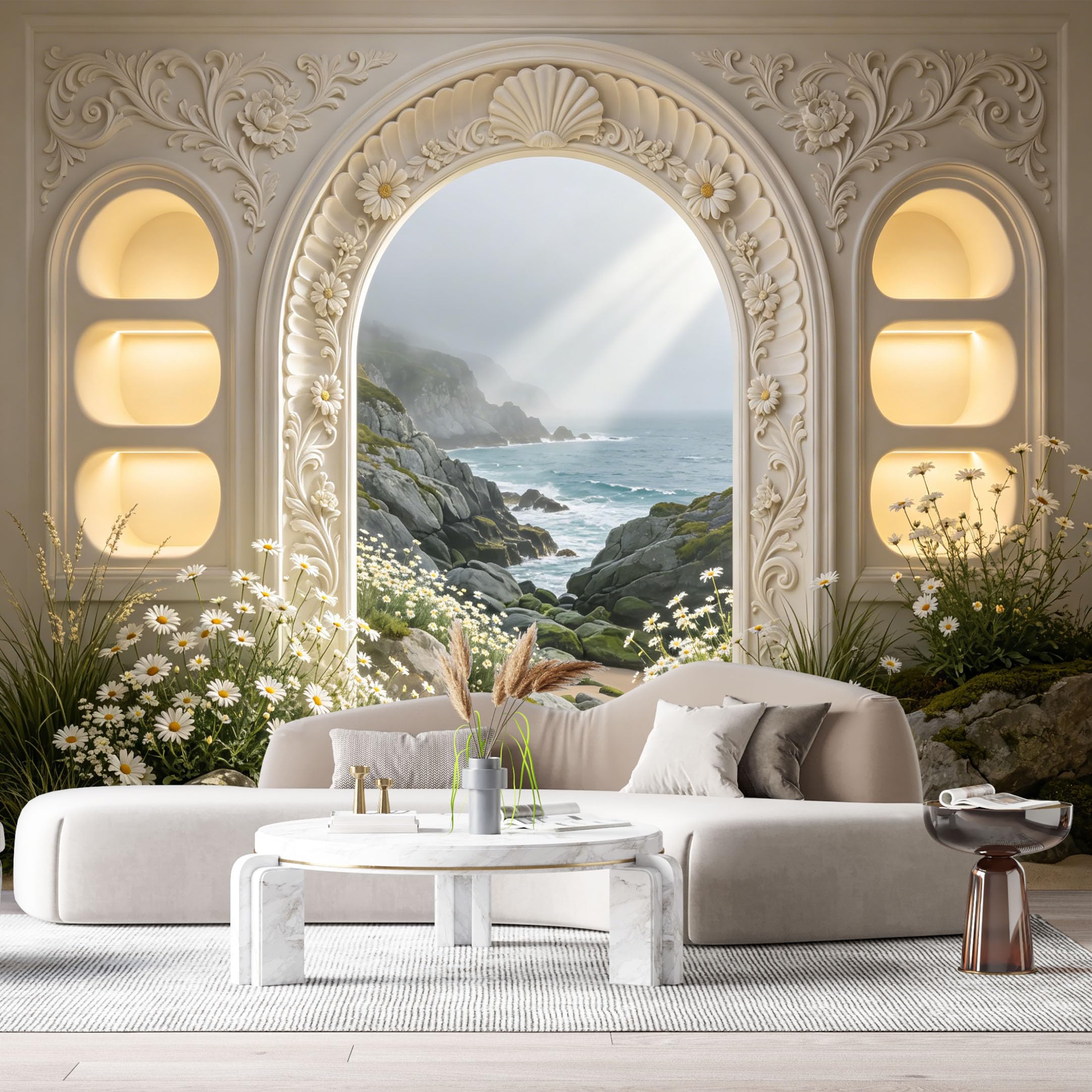 Custom Size Wall Murals Neoclassical Coastal Landscape Daisies 3D Trompe L'Oeil SelfAdhesiveWall Fabric Removable Wallpaper Wall Decor for Living Room Bedroom Bathroom