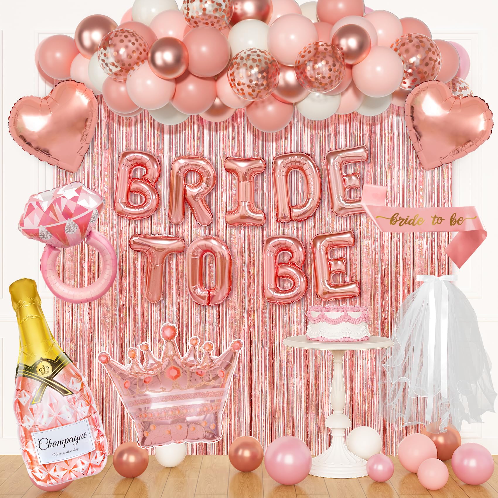Ouddy Life Rose Gold Bachelorette Party Decorations, Bride to Be Bridal Shower Decoration with Crown Champagnes Diamond Ring Heart Foil Balloons, Veil