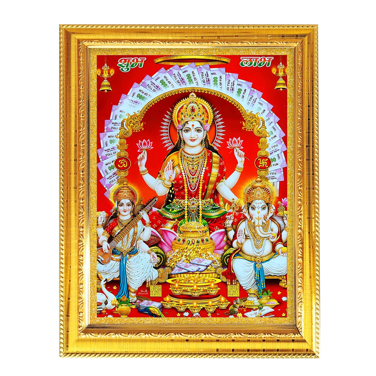 Fashnkart Saraswati Lakshmi Ganesha Hindu God Photo With Golden Frame Table Wall Pooja Room Worship Religious Spiritual 8.3X6.5