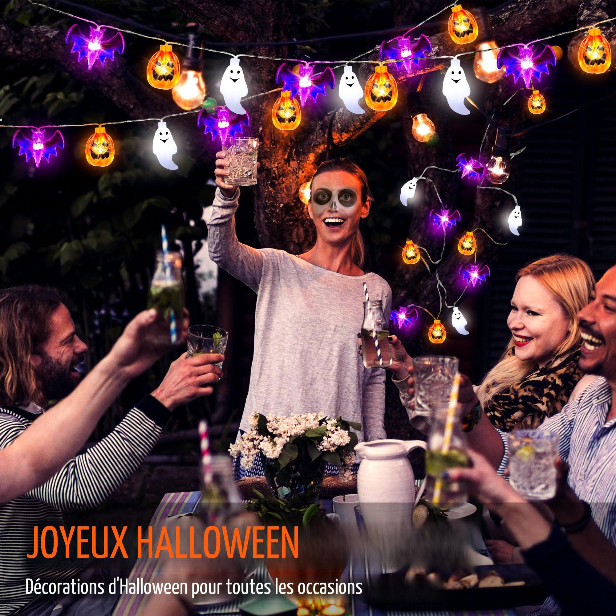 Guirlande Lumineuse Halloween 1,8 M – 54 LED Citrouilles, Chauves-souris, Araignées – 8 Modes, Minuterie, étanche IP44, à Piles