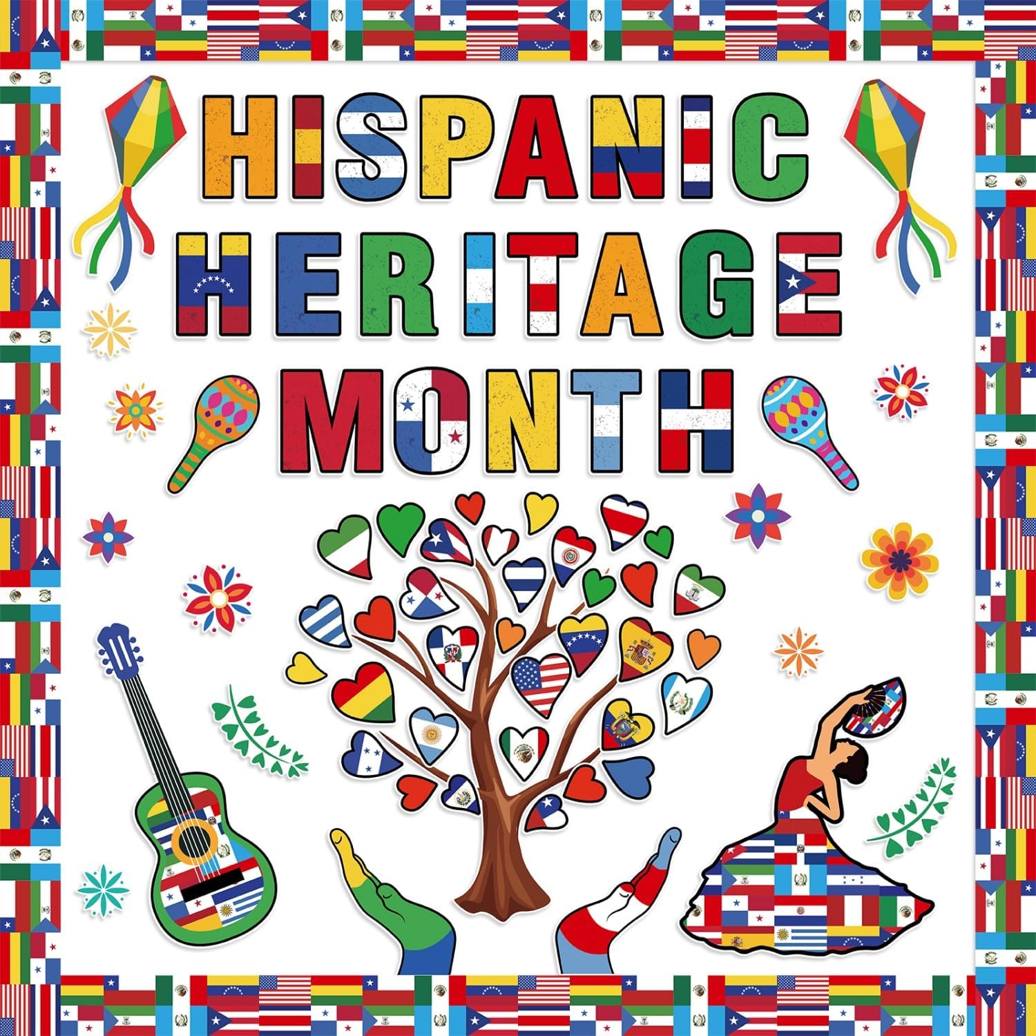 Hispanic Heritage Month Bulletin Board Decorations Set, 96pcs Latin American Spanish Flags Cutouts for Classroom, National Heritage Chalkboard Decor for School Wall Supplies