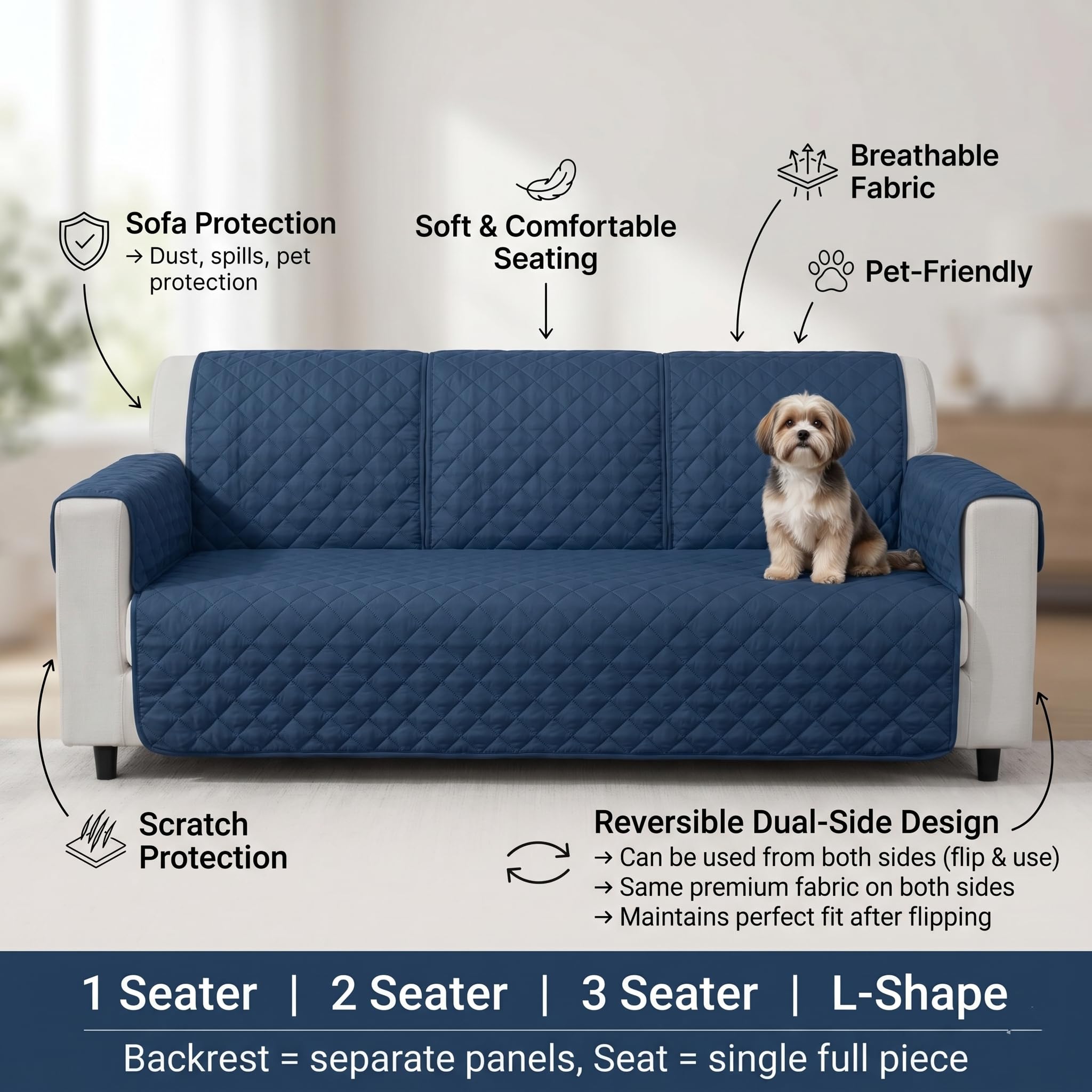 Stylish Reversible Sofa Cover - 3 Seater, Navy Blue -7