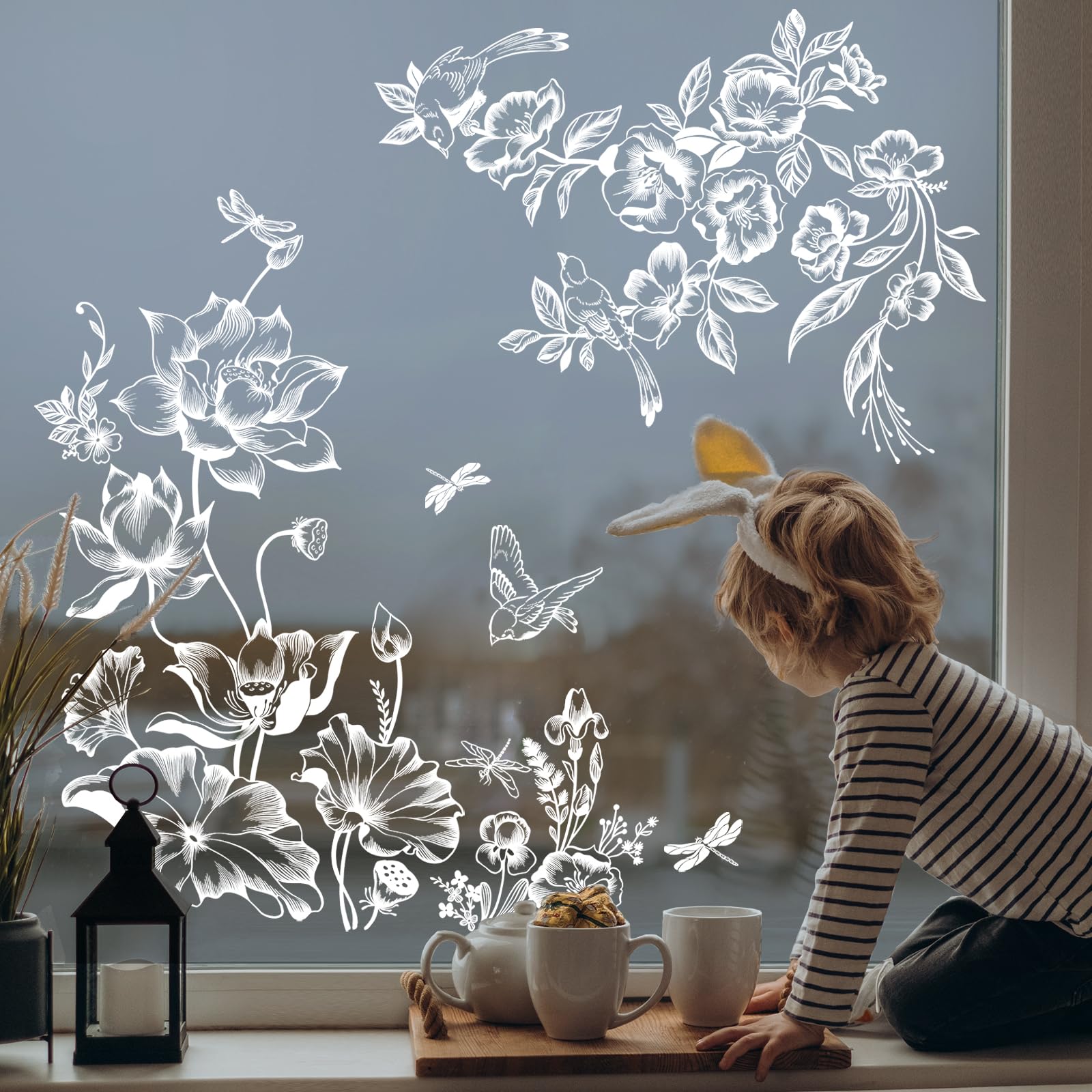 White Flower Window Stickers Spring Summer Birds Floral Window Clings