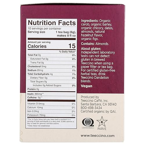 Miniatura 5 de Teeccino Paquete variado de té de hierbas de avellana y nuez de vainilla, té de hierbas tostadas sin cafeína y prebiótico para energía natural, 10