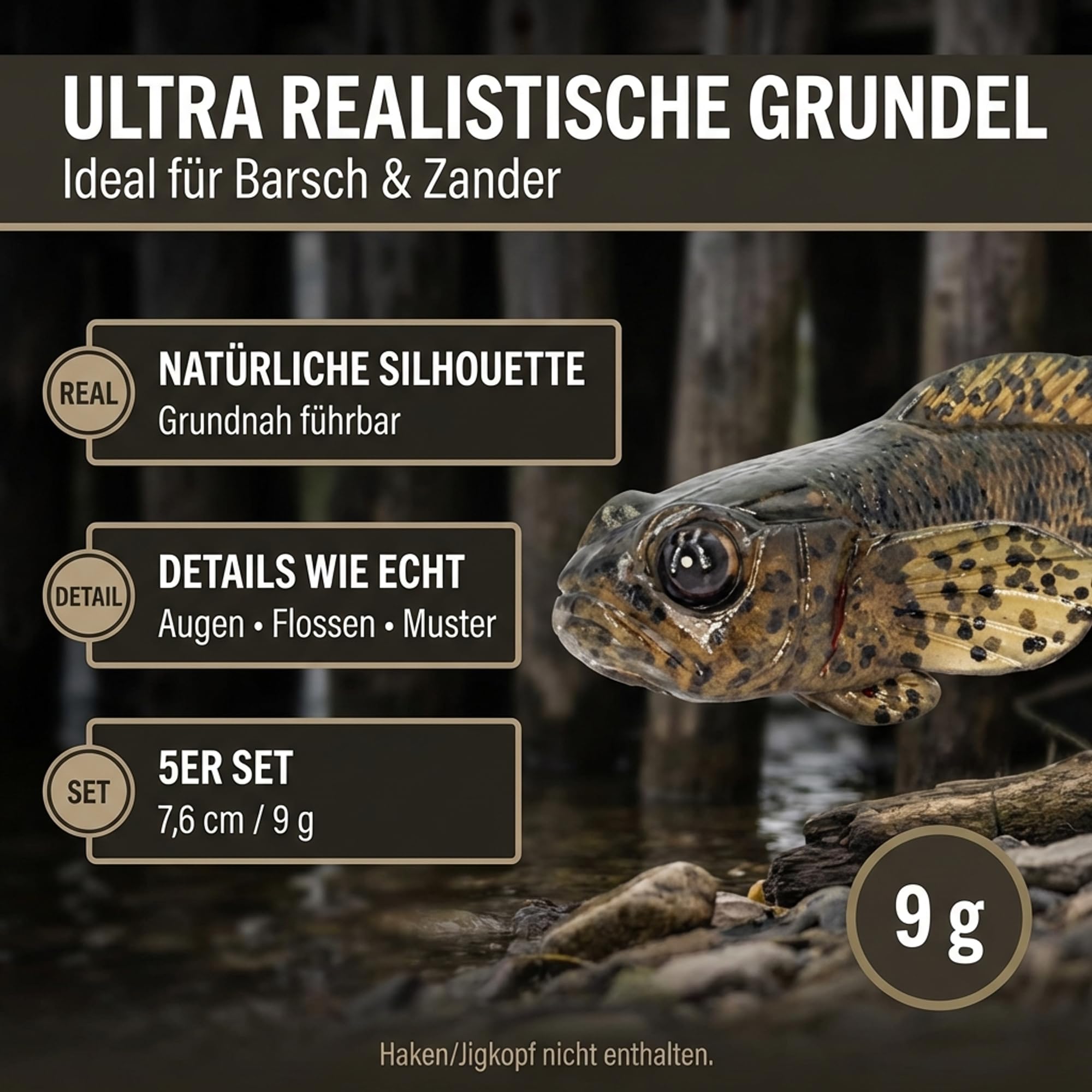 FISHN GOBYone zestaw 5 sztuk, 7,6 cm, 9 g, ultra realistyczne gumowe ryby do łowienia okoni i