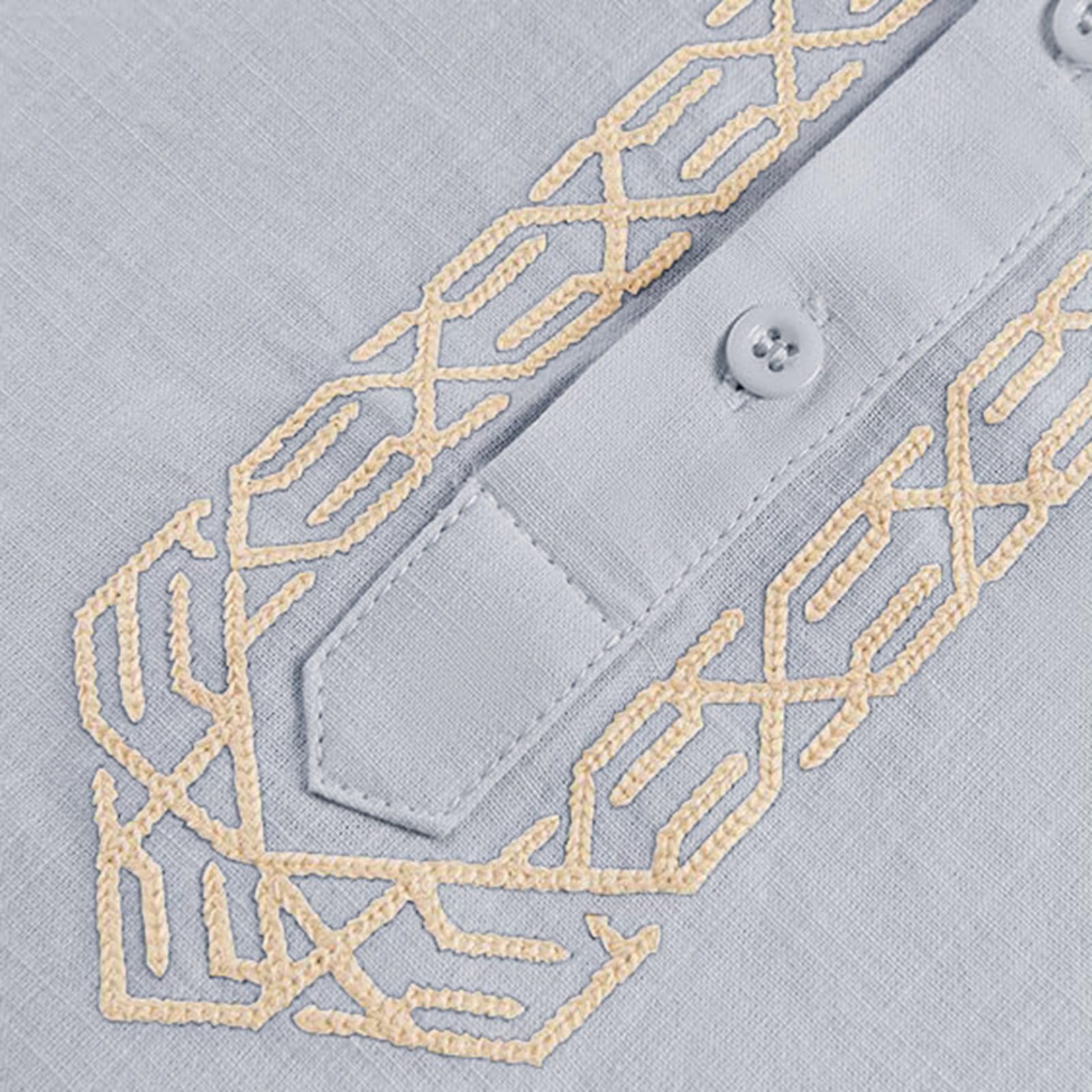 Générique Qamis Homme Lin Djellaba Manches Longues Kamis avec Broderie Uni Musulman Abaya Caftan avec Fente Latérale Col Rond Kurta Jelaba Chemise Henley Peignoir de Bain Robe Longueur