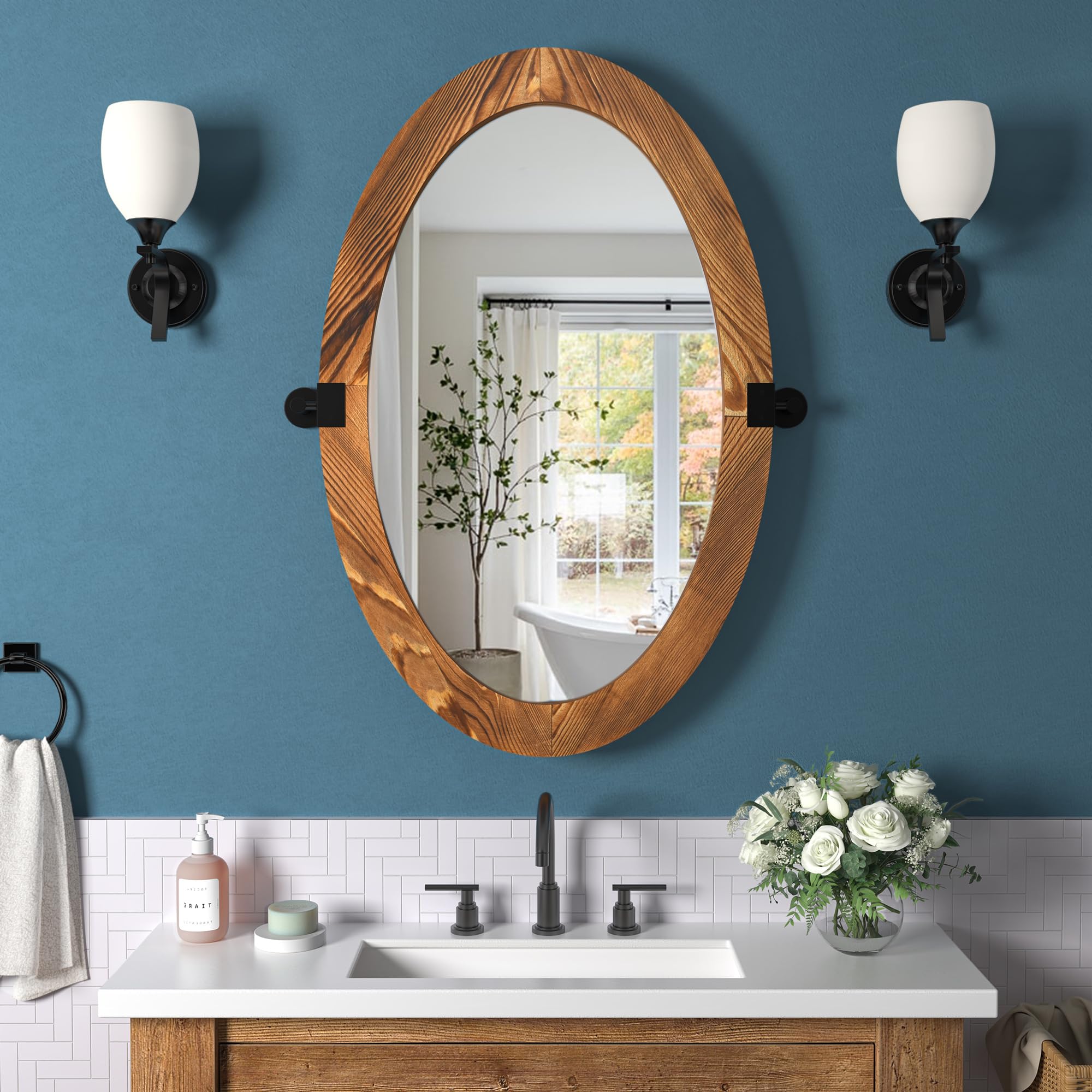 COGOOD Pivot Bathroom Mirror 35x28 Farmhouse Oval Wood Vanity Mirror