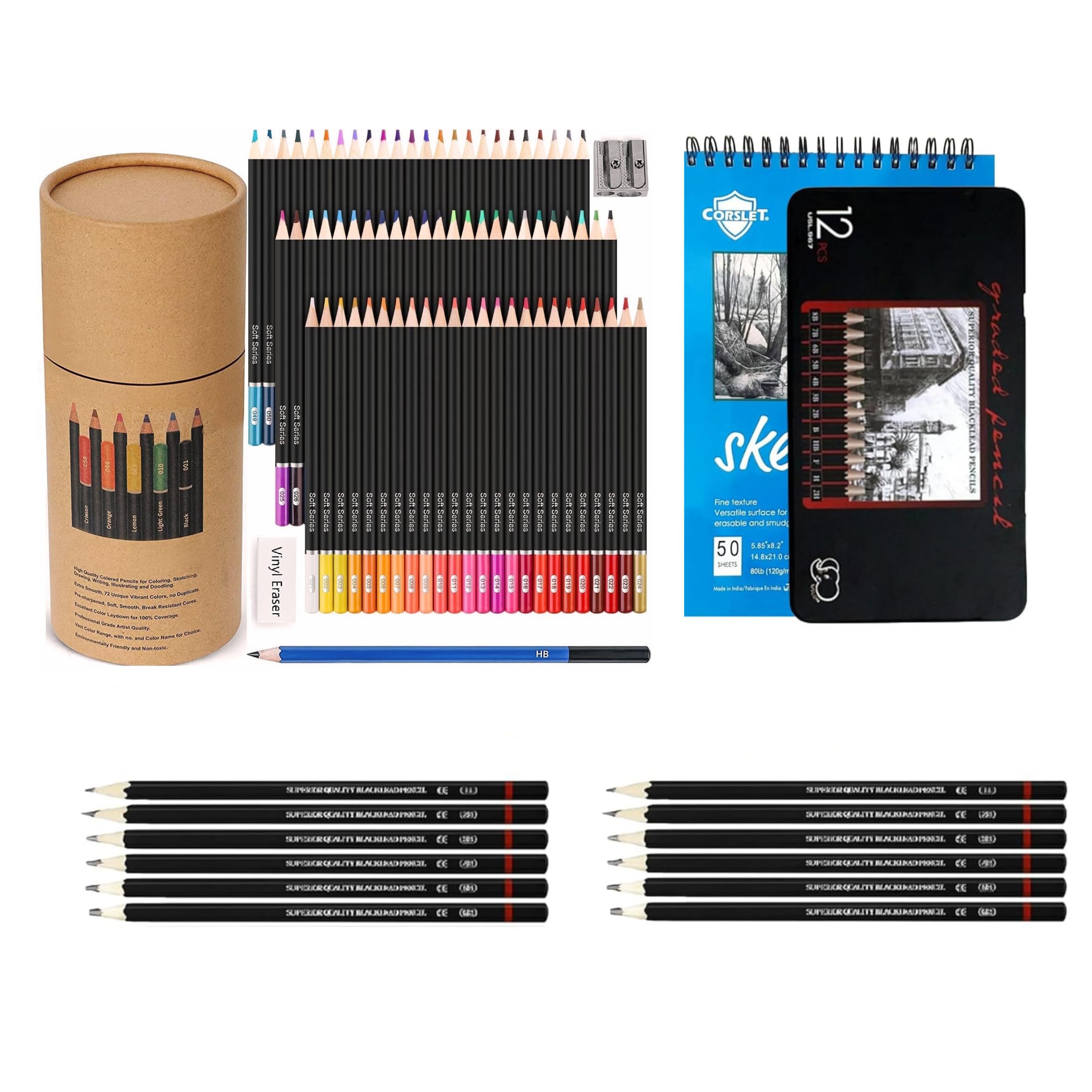 Corslet 85-teiliges Kunstzubehör für Künstler, 72-teiliges Buntstift-Set und 12-teiliges Zeichenstift-Set, Skizzierstifte, Graphit-Skizzierstift-Set, Bleistift-Farbset zum Zeichnen und Skizzieren, mit