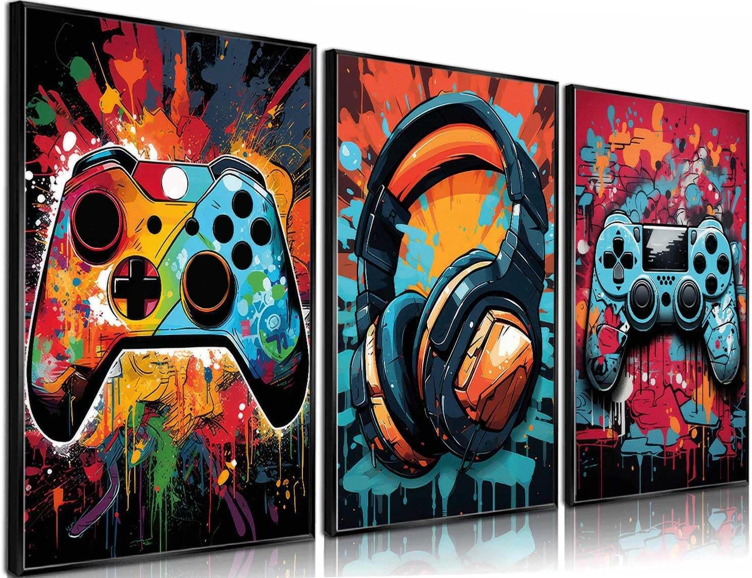 PPV 3Pcs Cool Gaming Wall Art Retro Video Gamer watercolor Posters Pictures Colorful Neon Gamepad Canvas Painting Prints for Boys Room Kids Gamer Room