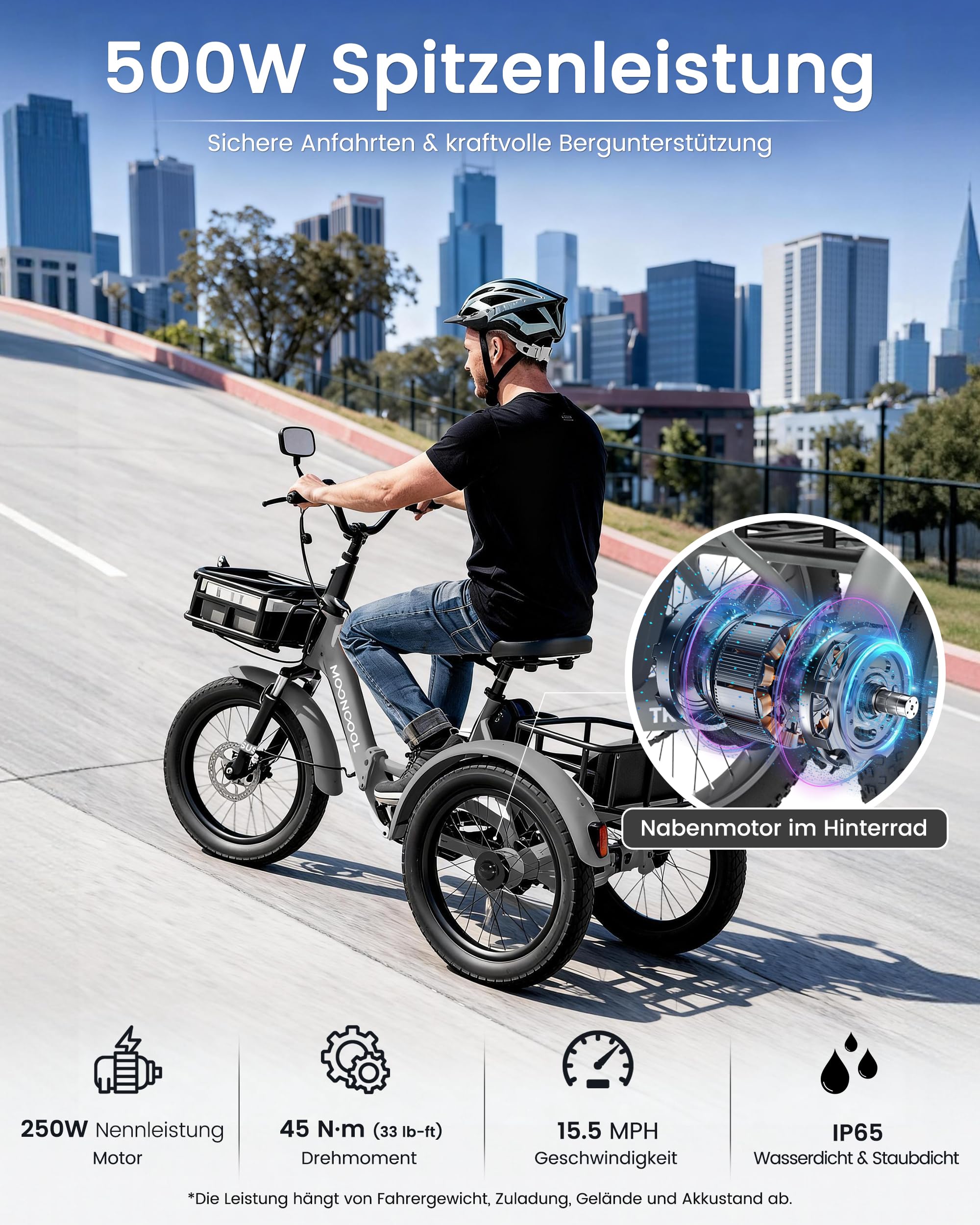 MOONCOOL E Bike Klapprad, 20" Elektrofahrräder für Herren Damen, 36V 20AH Akku, 250W Motor 45 Nm, LCD-Display, IP65 Wasserdicht, 3 Fahrmodi, mit Großen Körben & Fußstützen