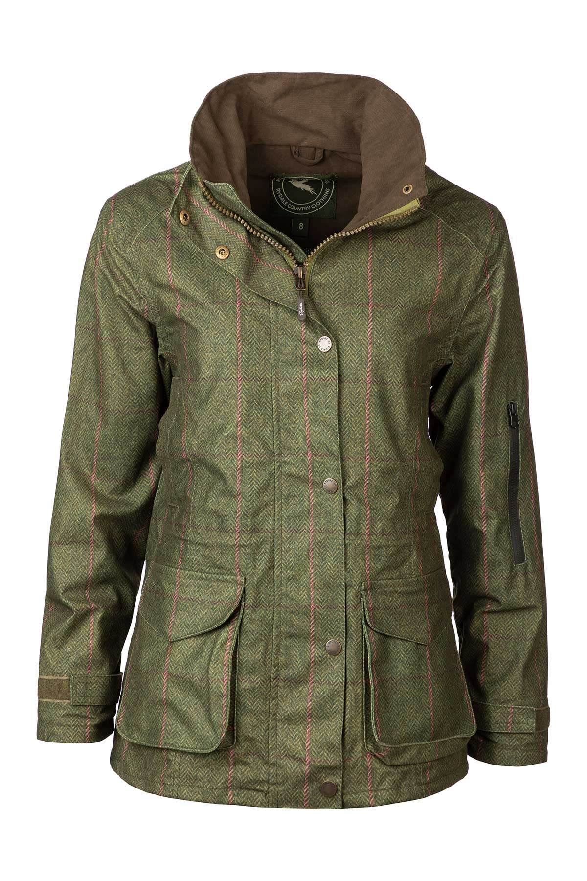 Rydale Ladies Tweed Print Waterproof Shooting Jacket Womens Tweed Hunting Coat Mesh Lined Jackets 2 Colours (as8, numeric, numeric_12, regular, regular, Olive)