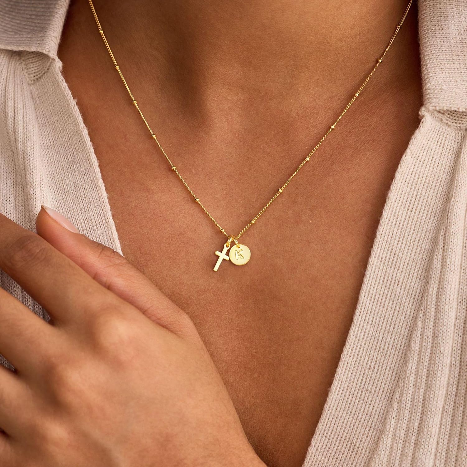 Turandoss Mothers Day Gifts for Mom Daughter, Dainty 14K Gold Plated Disc Initial A-Z Cross Pendant Necklace Trendy Faith Cross Jewelry First Communion Baptism Mothers Day Gifts for Women Girls