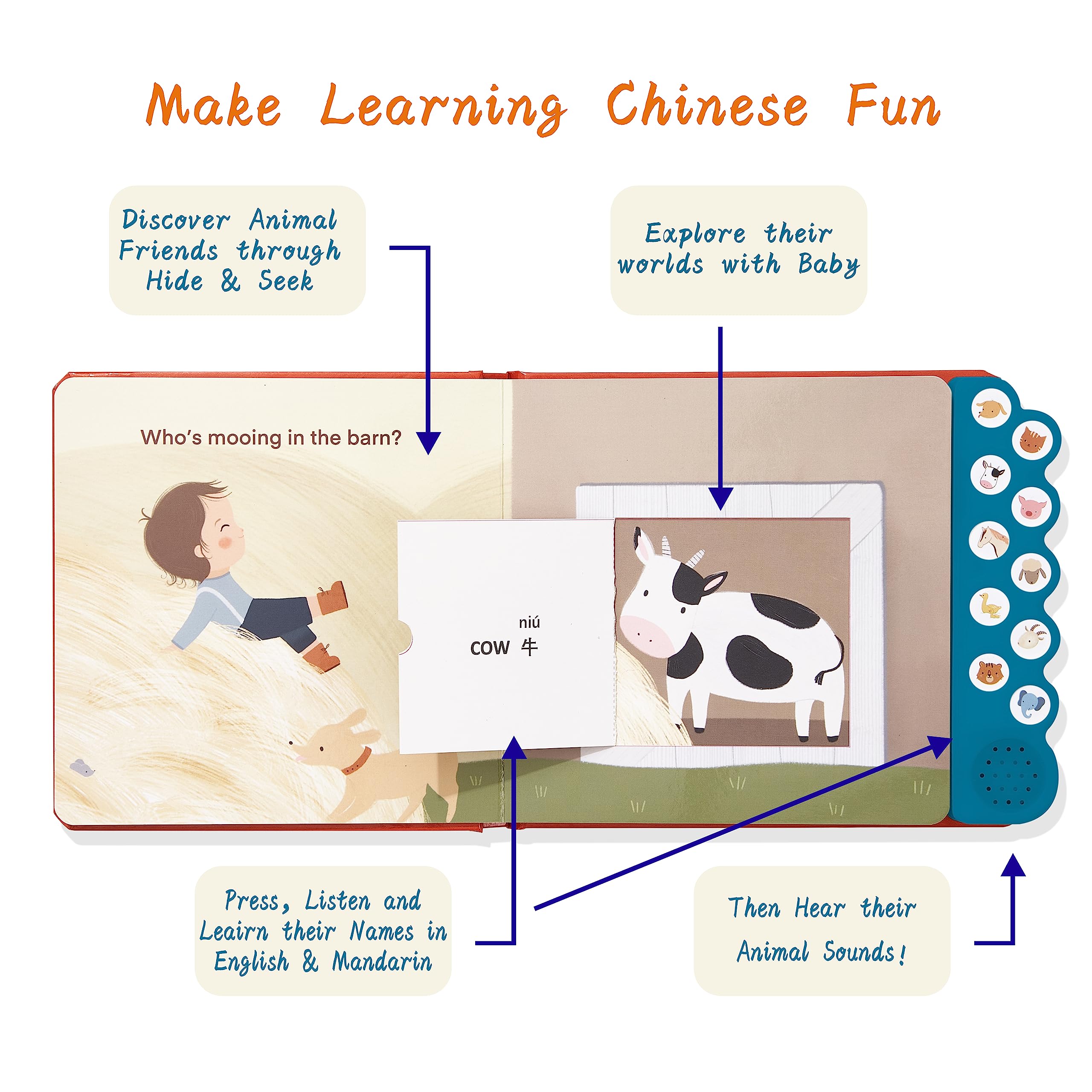 Xibao's World Animal Sound Peekaboo; Bilingual Interactive Sound Book with 10 Lift-The Flaps and Buttons to Hear Animal Sounds; Learn Animal Names in English-Mandarin; Chinese Learning Gift for Kids