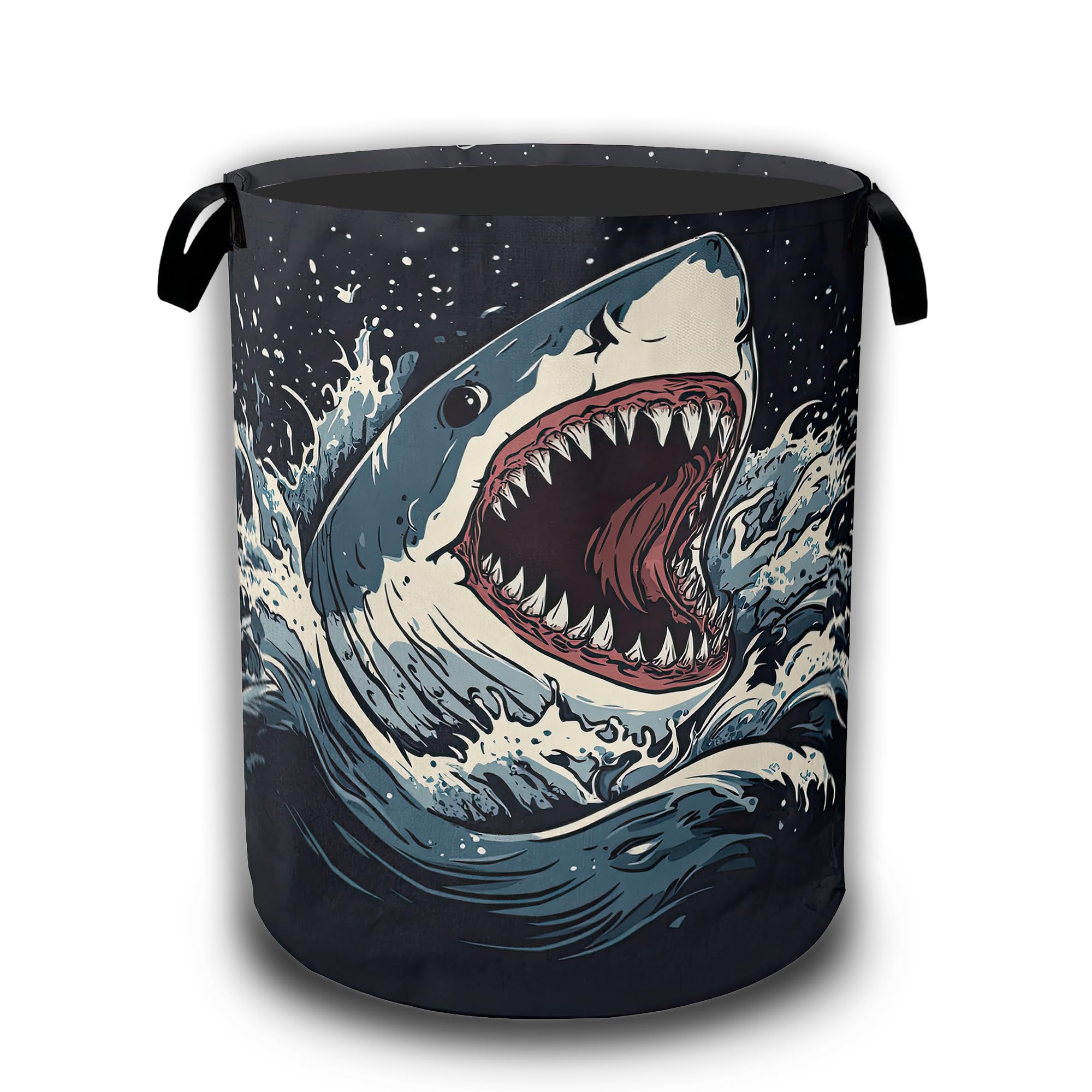 Shark Big Mouth Laundry Hamper,Ocean Wave Laundry Baskets,Waterproof Oxford Cloth Toy Storage for Bedroom,Bathroom,Nursery,16x20.8 Inch