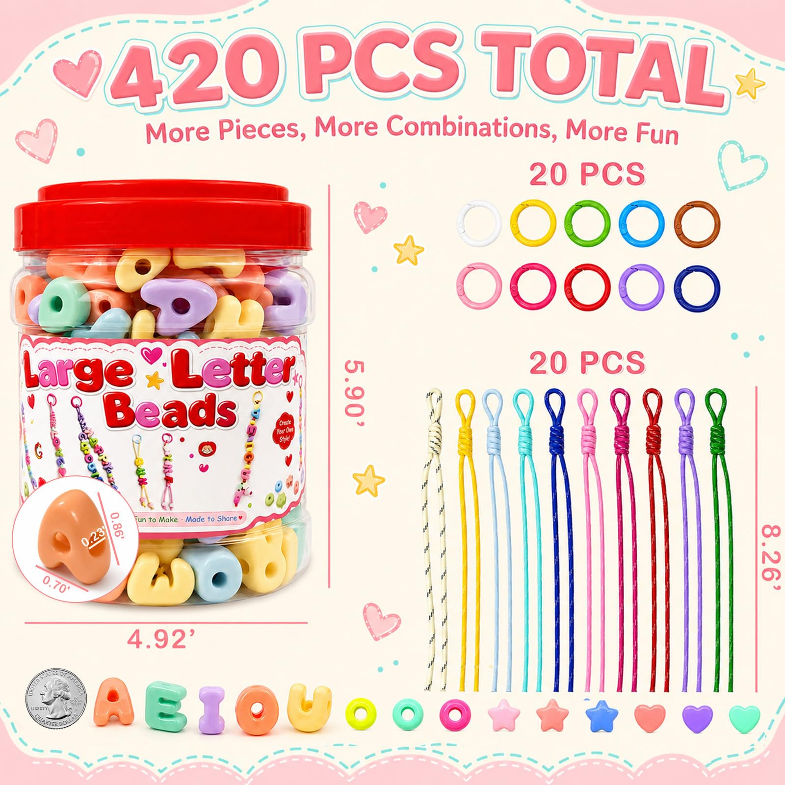 Kasmena Kit fai da te con perline a forma di bolla dell'alfabeto, 420 perline per braccialetti personalizzati, gioielli dell'amicizia e kit regalo per ragazze e adolescenti, set di ciondoli per borse