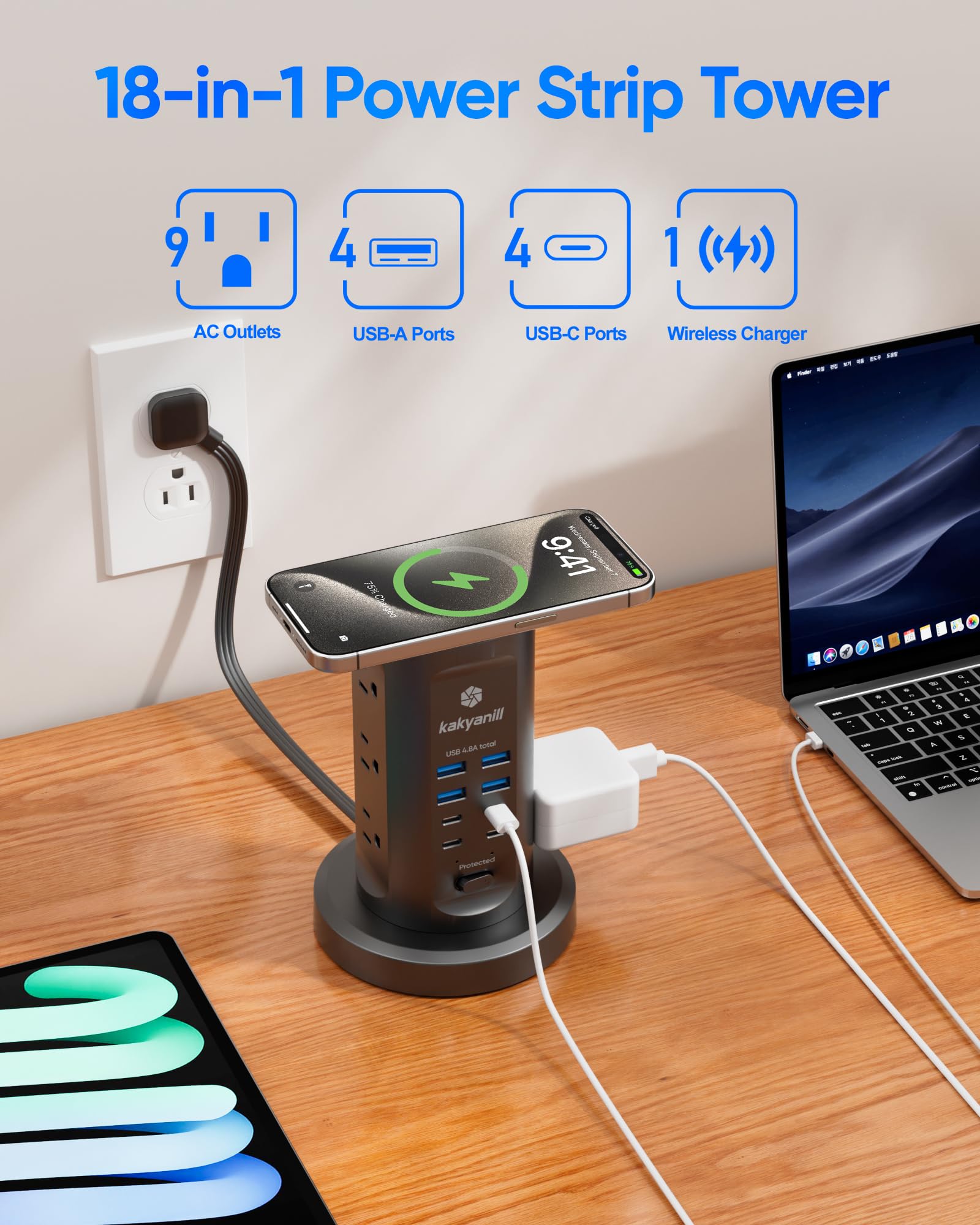 Steckdosenleiste Tower, kakyanill Überspannungsschutz-Turm 9 AC-Steckdosen 8 USB (4 USB C), 1,8 m einziehbares Verlängerungskabel, Ladestation für Büro, Schlafsaal, Schwarz
