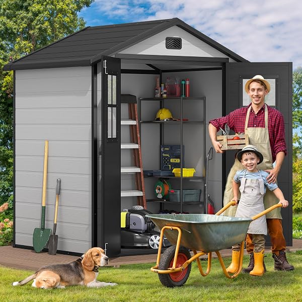 DWVO 6x4.4ft Outdoor Storage Shed, Plastic Garden Tool Shed with 2 Vision Windows, Double-Wall Outside Shed for Mower Lawn, Garden Tool for Backyard Lawn Patio, Lockable, Grey&Black - 2