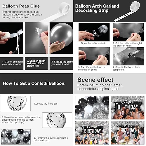 Miniatura 4 de Tatuo Kit de decoración de fiesta de cumpleaños negro y plateado: 50 globos, guirnalda de arco, pancarta, cinta, telón de fondo de fotografía de