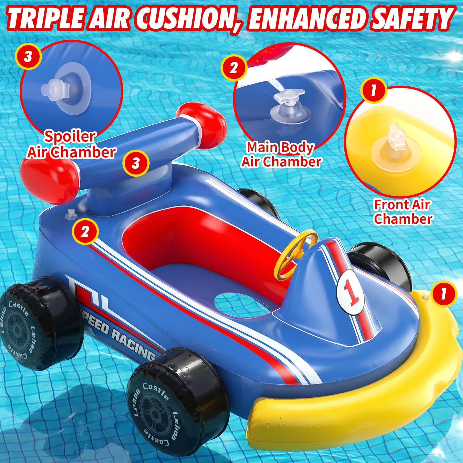 Lehoo Castle Gommone Gonfiabile con Pistola ad Acqua e Volante Sonoro, Ausilio di Galleggiamento Go-kart per Bambini dai 3 ai 6 Anni, Seggiolino da Piscina Sicuro per Giochi Acquatici Estivi