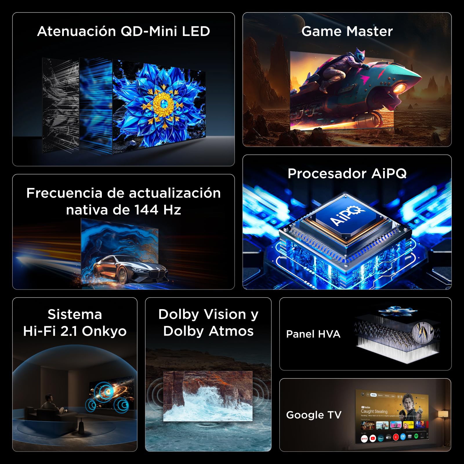 TCL 65T8D Televisor 65 Pulgadas QD-Mini LED 4K Smart TV, Gaming TV, 144Hz Game Accelerator 288Hz FHD, FreeSync Premium, Dolby Vision & Atmos, HDR10+, Onkyo 2.1, Google TV, Game Master