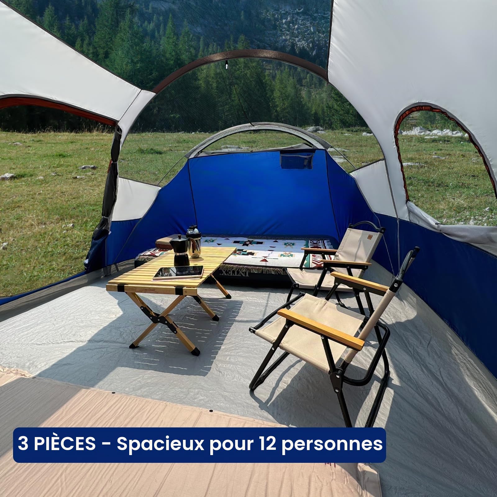 CAMPROS CP Tente Familiale 6-12 Personnes, Grande Tente Tunnel avec 3 Chambres, Hauteur 183 cm, Tente Camping Imperméable avec Grand Espace de Vie, Moustiquaires et Sac de Transport