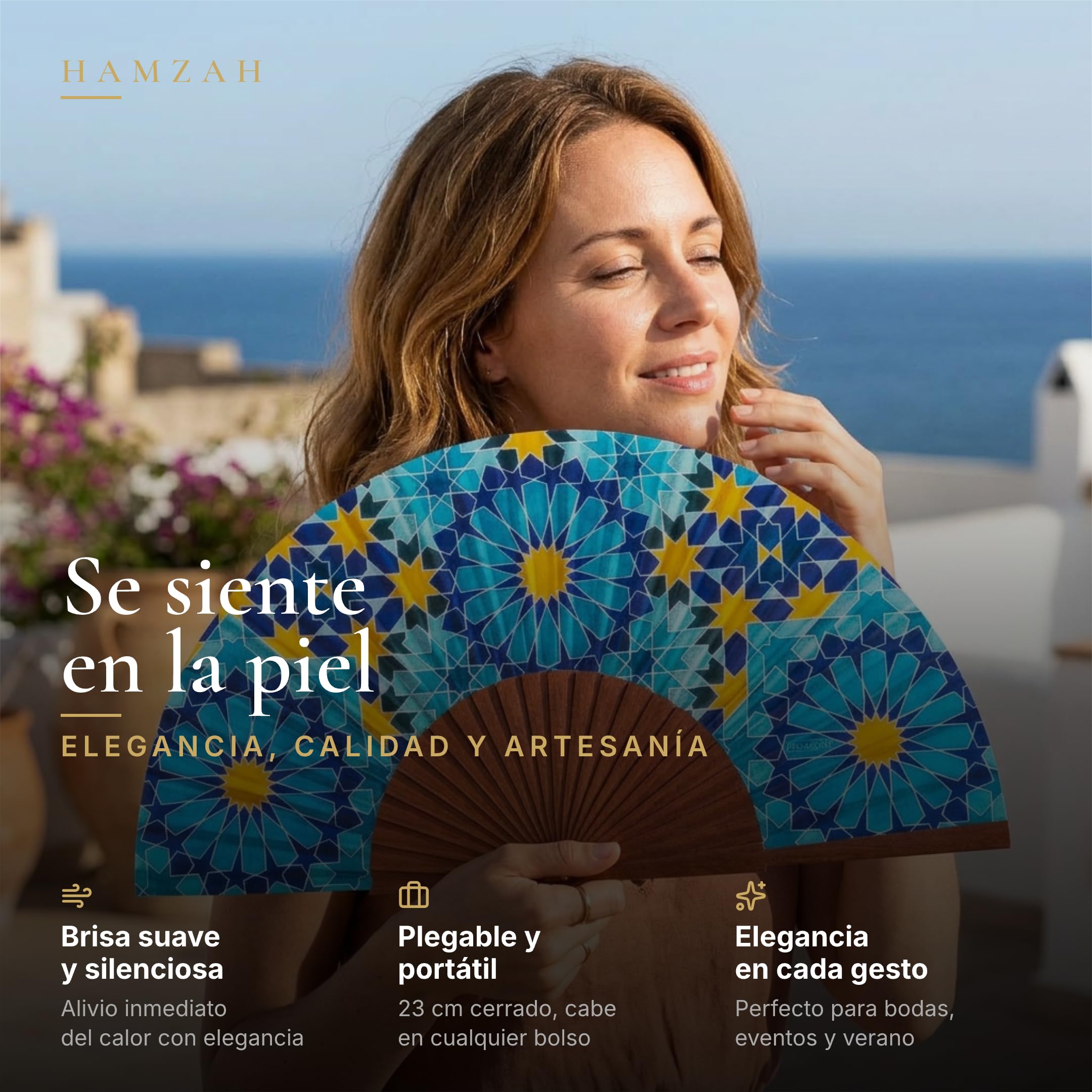 Fächer handgefertigt in Spanien | Naturseide und Kotibé Holz | Original andalusischer Farbdruck | Samtbezug | originelles und handwerkliches Geschenk | Mosaik-Kollektion