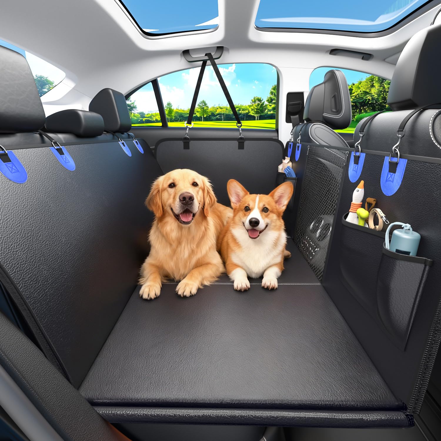 2-In-1 Heavy-Duty Hard Bottom Dog Hammock for Car, 100% Waterproof PU Leather Backseat Cover, Zipper Side Flaps, Non-Slip Extender for Large/Elderly Dogs & Multi-Dog Families,Fits Sedan/SUV/Med.Truck