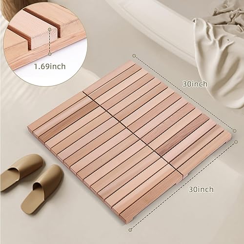 Miniatura 5 de bingaai Tapete de ducha de madera de cedro, tapete de baño de madera de cedro, tapete cuadrado de 30 pulgadas, tapete de baño de madera plegable