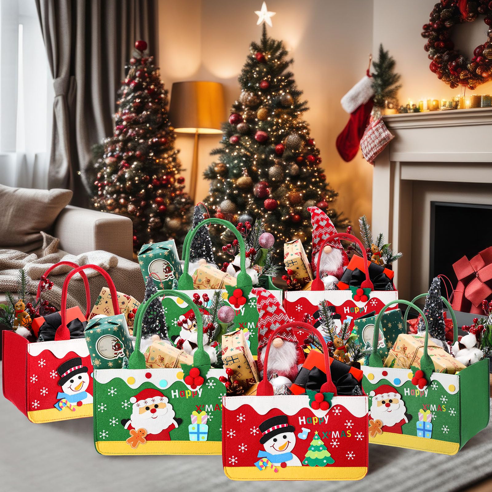 Aliceset Große Weihnachts-Geschenktüten aus Filz mit Griffen, 30 x 20 x 17 cm, wiederverwendbare Geschenkkörbe, leere Leckerli-Tüten, Weihnachts-Süßigkeitentüten für Weihnachten (Weihnachtsmann und