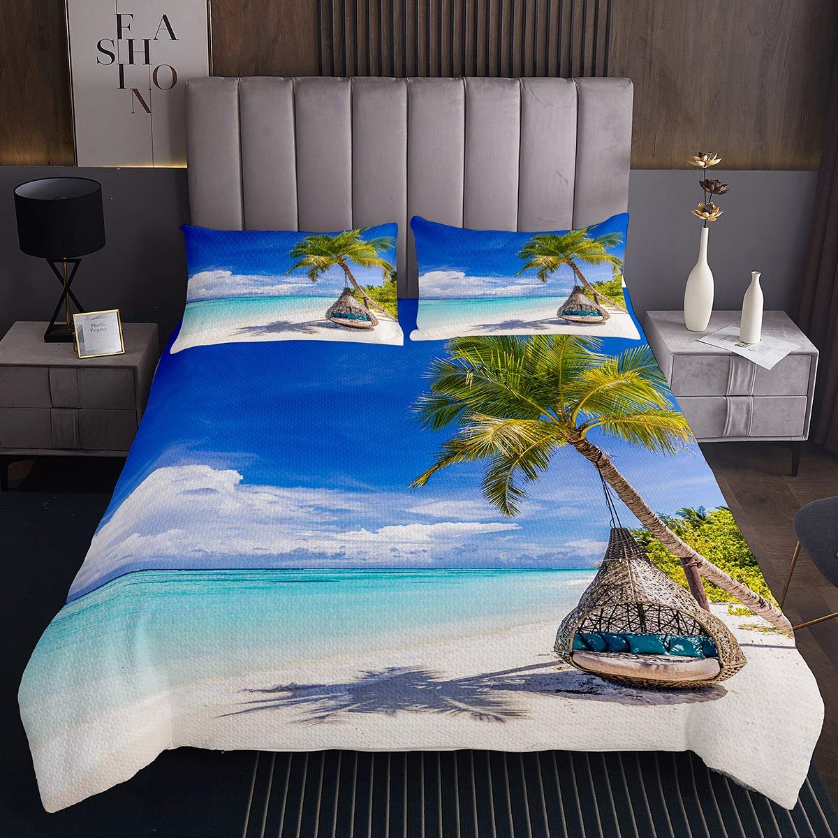 Copriletto da spiaggia Ocean Hawaiian Beach coperta ragazzi ragazze palma foglia set copripiumino stampato mare estate vacanza blu trapuntato 2 pezzi singolo formato