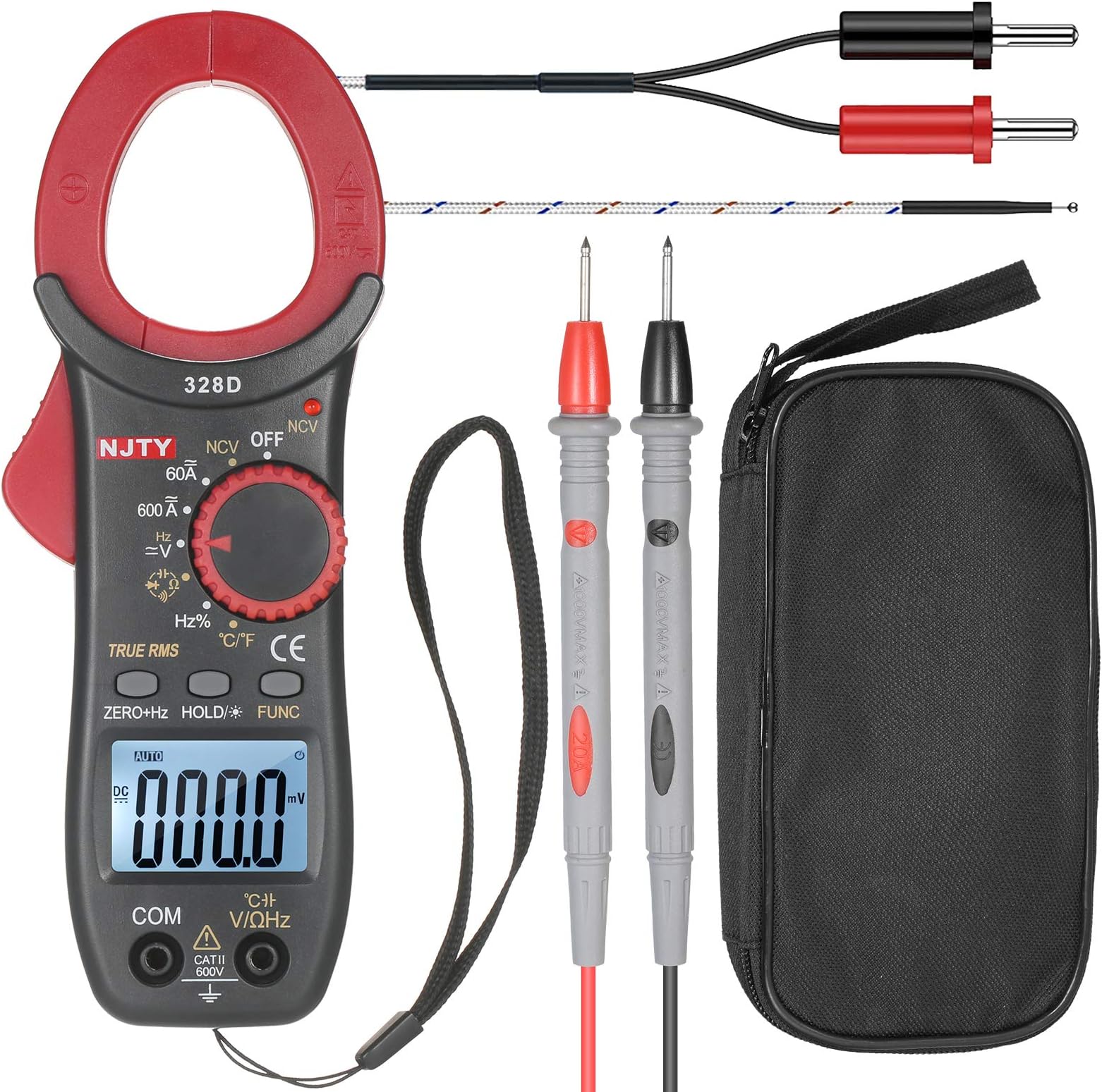 328D 600A AC Clamp Meter Auto Range 6000 Counts 1.6-inch LCD Digital AC True RMS NCV Clamp Type Universal Meter Multipurpose for Measuring AC/DC Current AC/DC Voltage Temperature Resistance