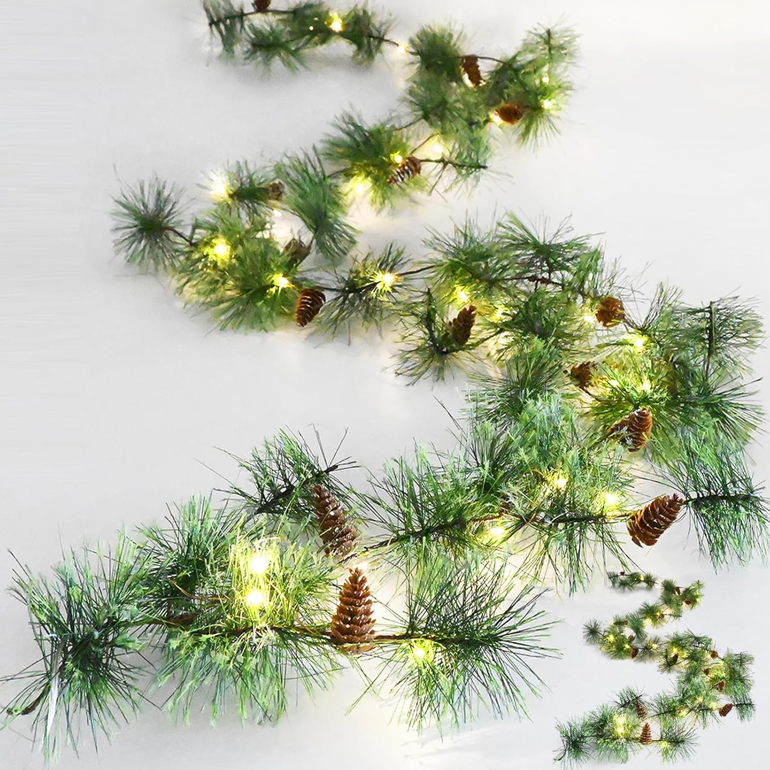 Christmas Garland with LED Fairy Lights 13FT Battery Operated Smokey Pine Garlands with 8 Flash Modes and Timer Pine Cones Artificial Greenery Garland Rustic Garlands for Xmas Holiday Home 13 feet