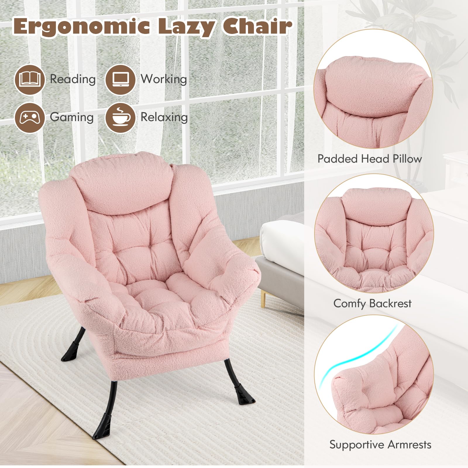 HOMASIS Sillón reclinable tapizado, sillón con reposabrazos y Almohada, sillón de Lectura con Bolsillo Lateral, sillón TV en Tela y Metal para salón Dormitorio (Modelo 1 sin Taburete, Rosa)