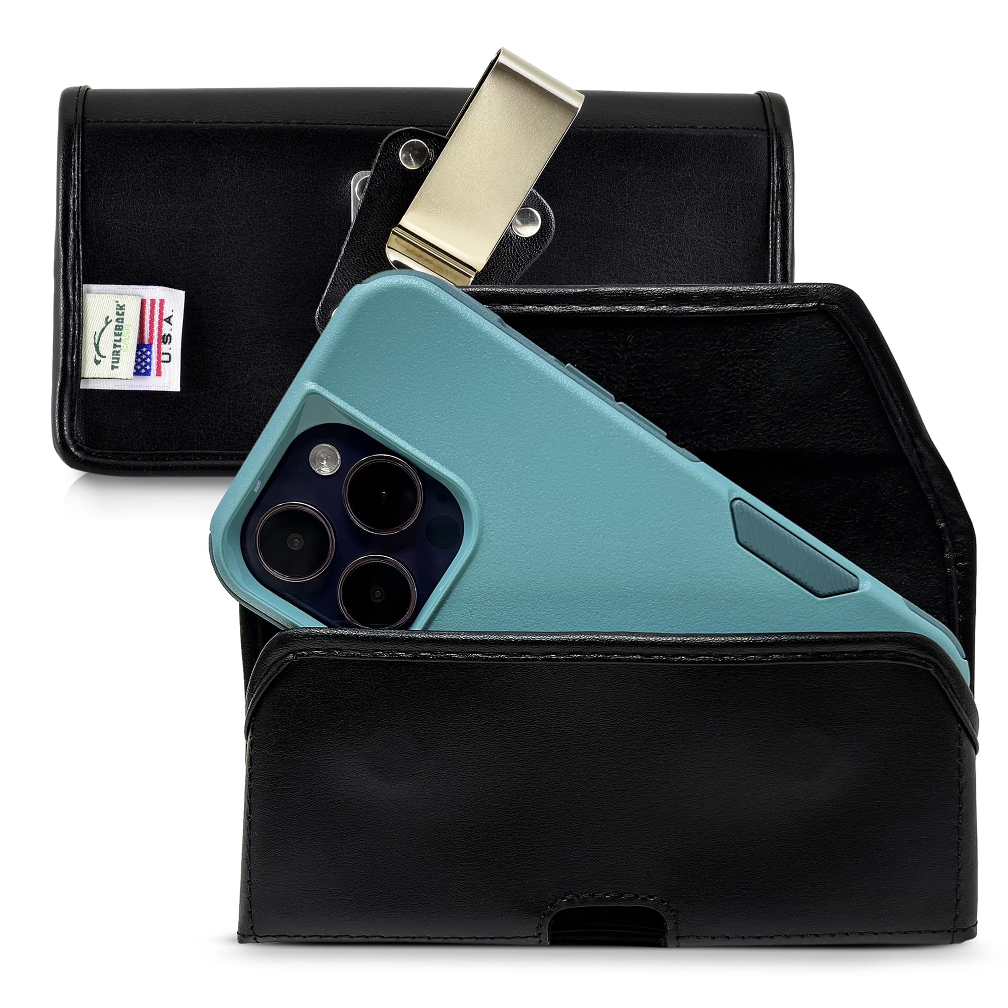 Turtleback Belt Clip for iPhone 16 Pro, 16e, 15 pro 14 Pro 13 Pro -Medium- Fits w/Shockproof Commuter Style Cases, Premium Black Leather, Horizontal