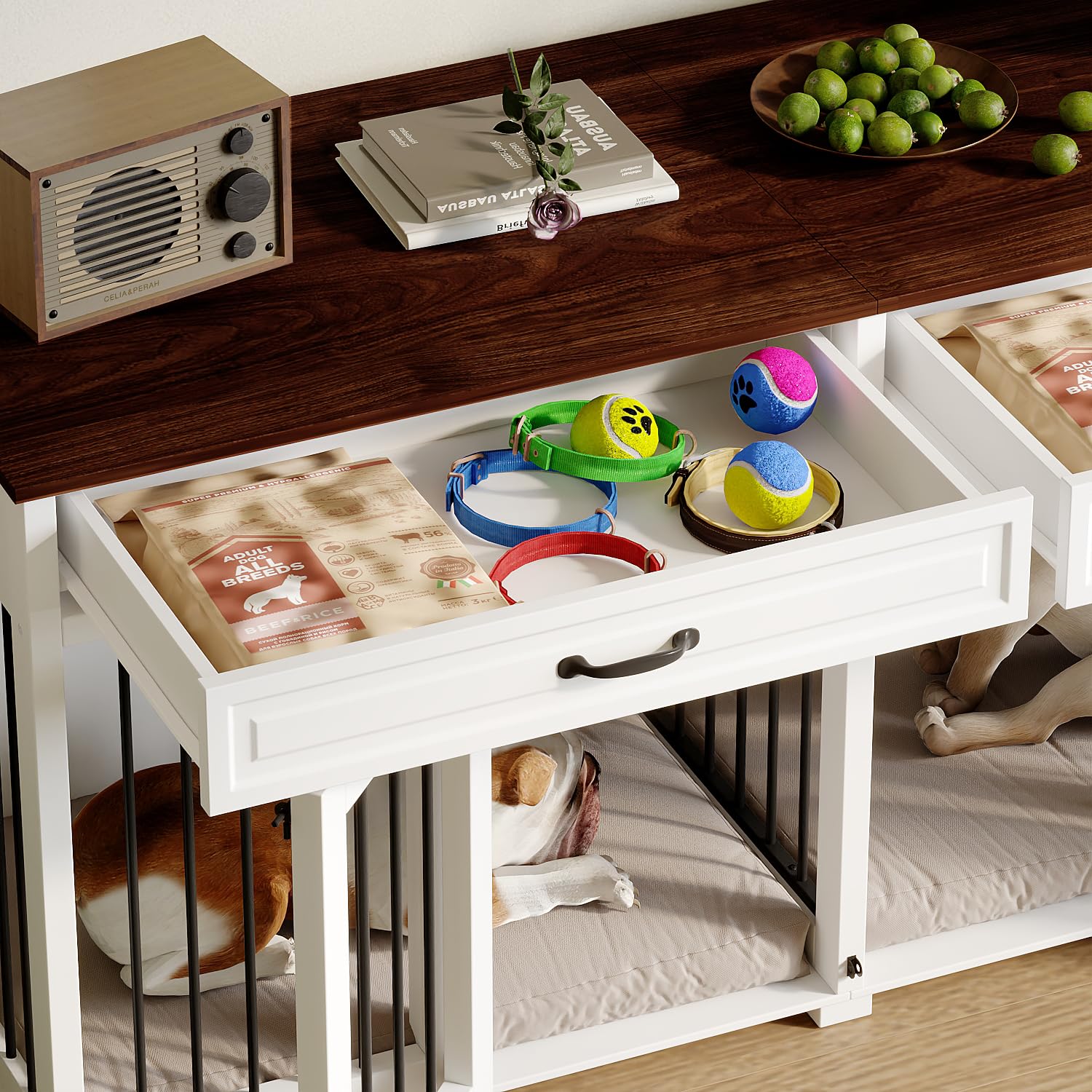 Hundekäfig Schrank XXL, Hundekäfig mit 2 Schubladen und 2 Türen, Hundebox für Zuhause Große/Mittlere Hunde,Beistelltisch, Hundehütte Indoor, Hundehaus für Zuhause, Weiß, 164 x 60 x 80 cm, Eisen