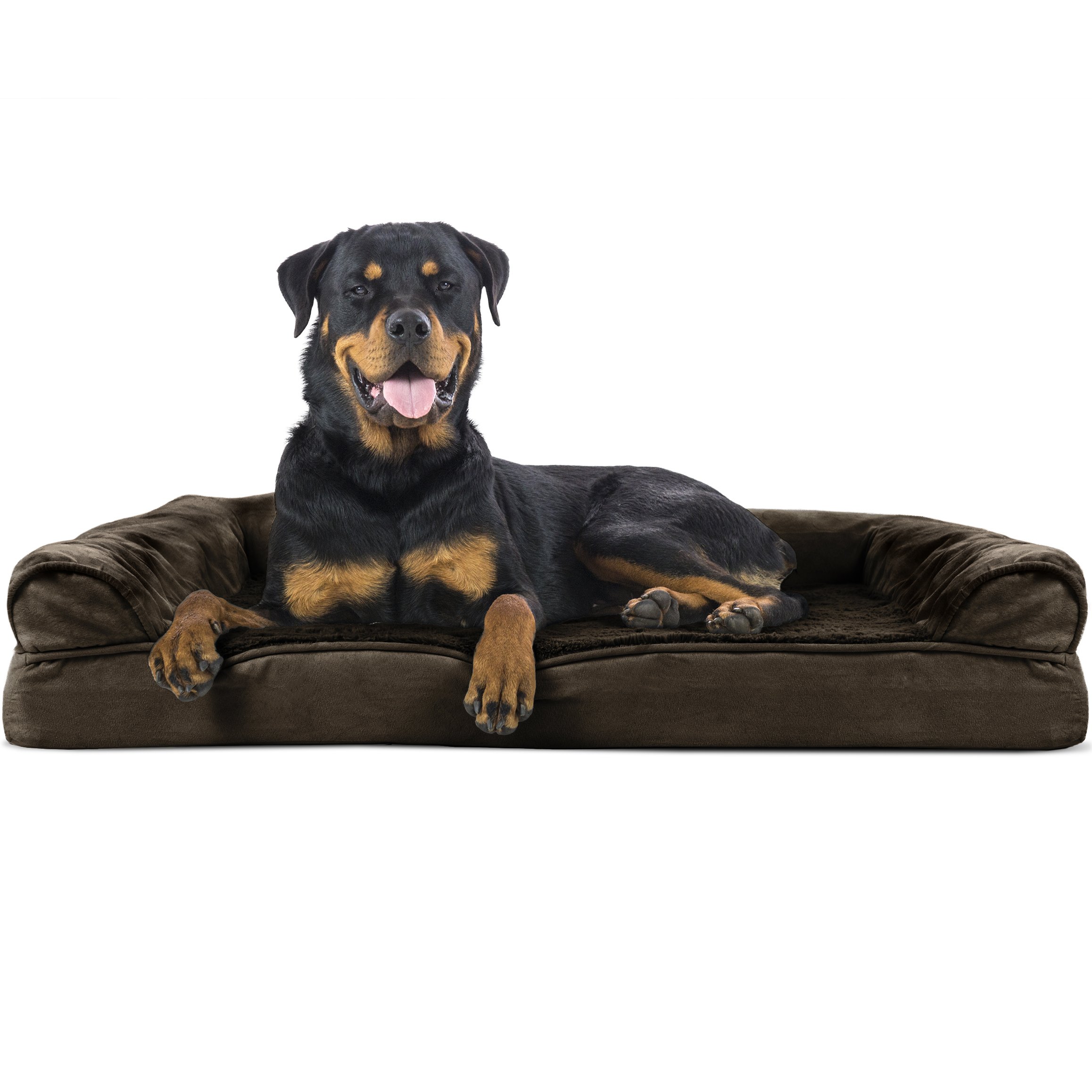 Furhaven Orthopedic Pet Bed for Dogs and Cats - Sofa-Style Plush Fur and Suede Couch Dog Bed with Removable Washable Cover, Espresso, Jumbo (X-Large)