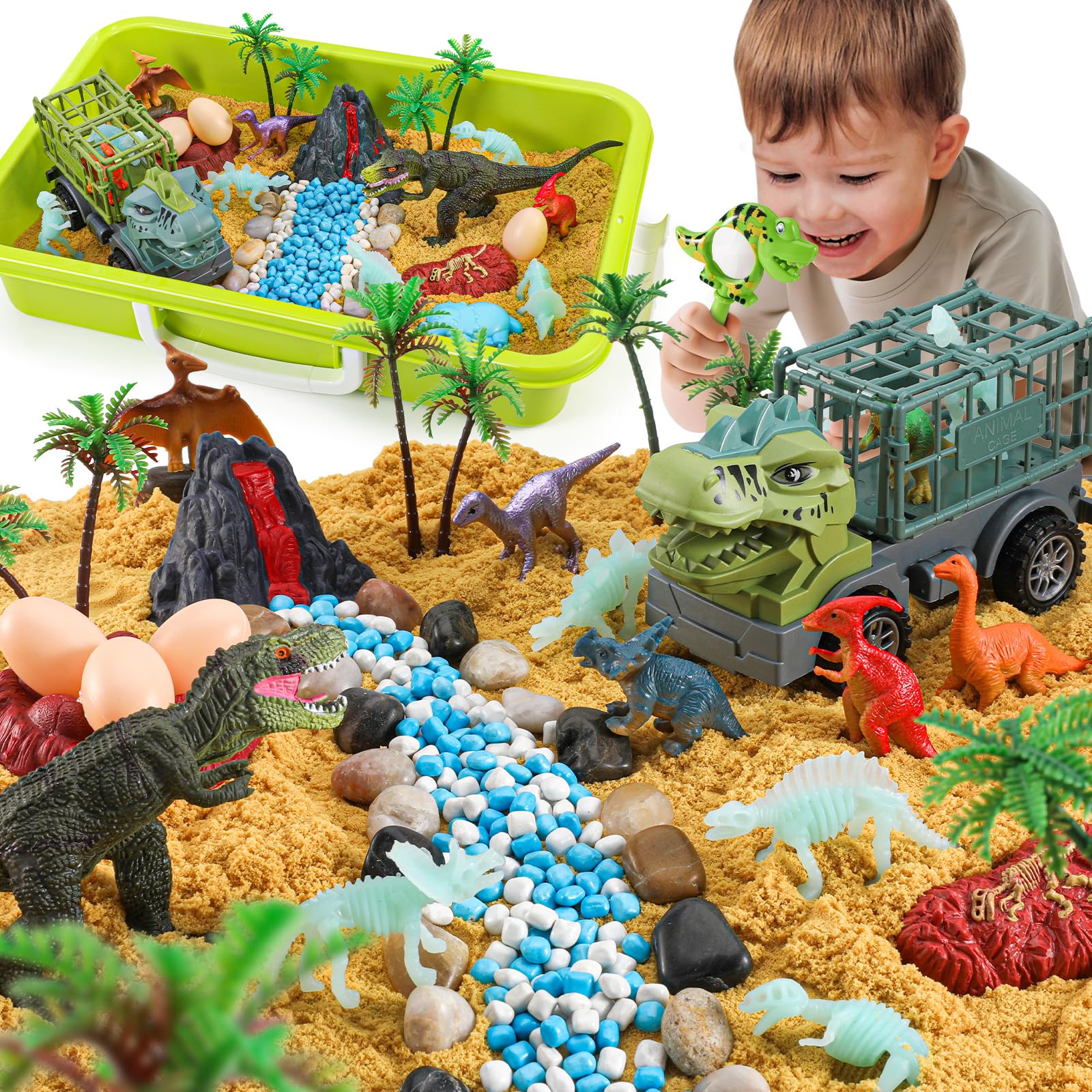 FRUSE Arena Juguete Mágica, Arena Juguete con Sand, Dinosaurios Juguetes, Lupa Dino, Caja de Arenas con Tapa, Arenas para Arenero Infantil, Regalo Juguetes Niño Niñas 3 4 5 6 7 8 Años