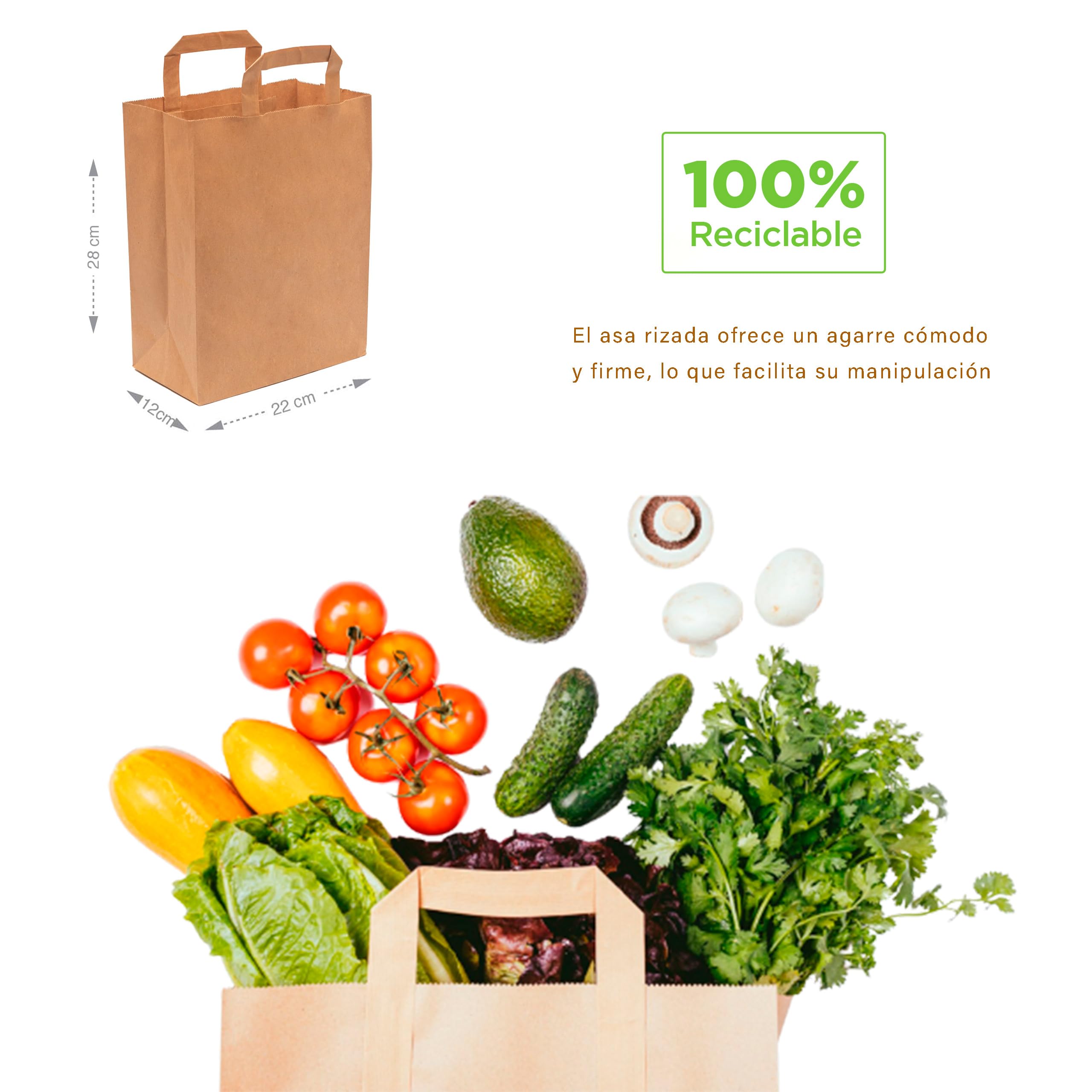 Lot de 250 Sacs en Papier 100% recyclables - Sacs résistants idéaux pour Les commerces - Poignée Plate - Lot de 22 + 12 (Soufflets) x 28 cm - Engagés pour l'environnement, Marron, Sacs en