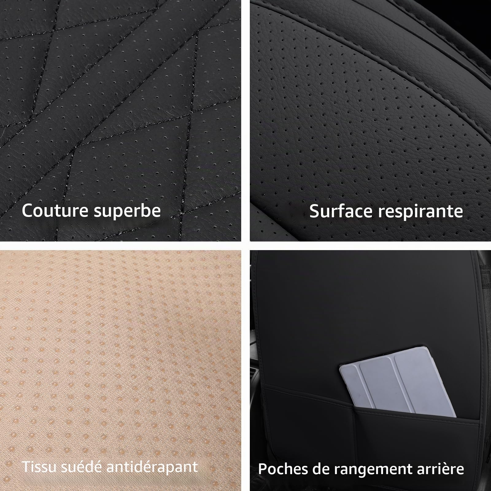 Housse de Siege Voiture Cuir Universelle pour Voitures, VUS, Berlines - Antidérapantes et Respirantes (Noir, Ensemble Complet)